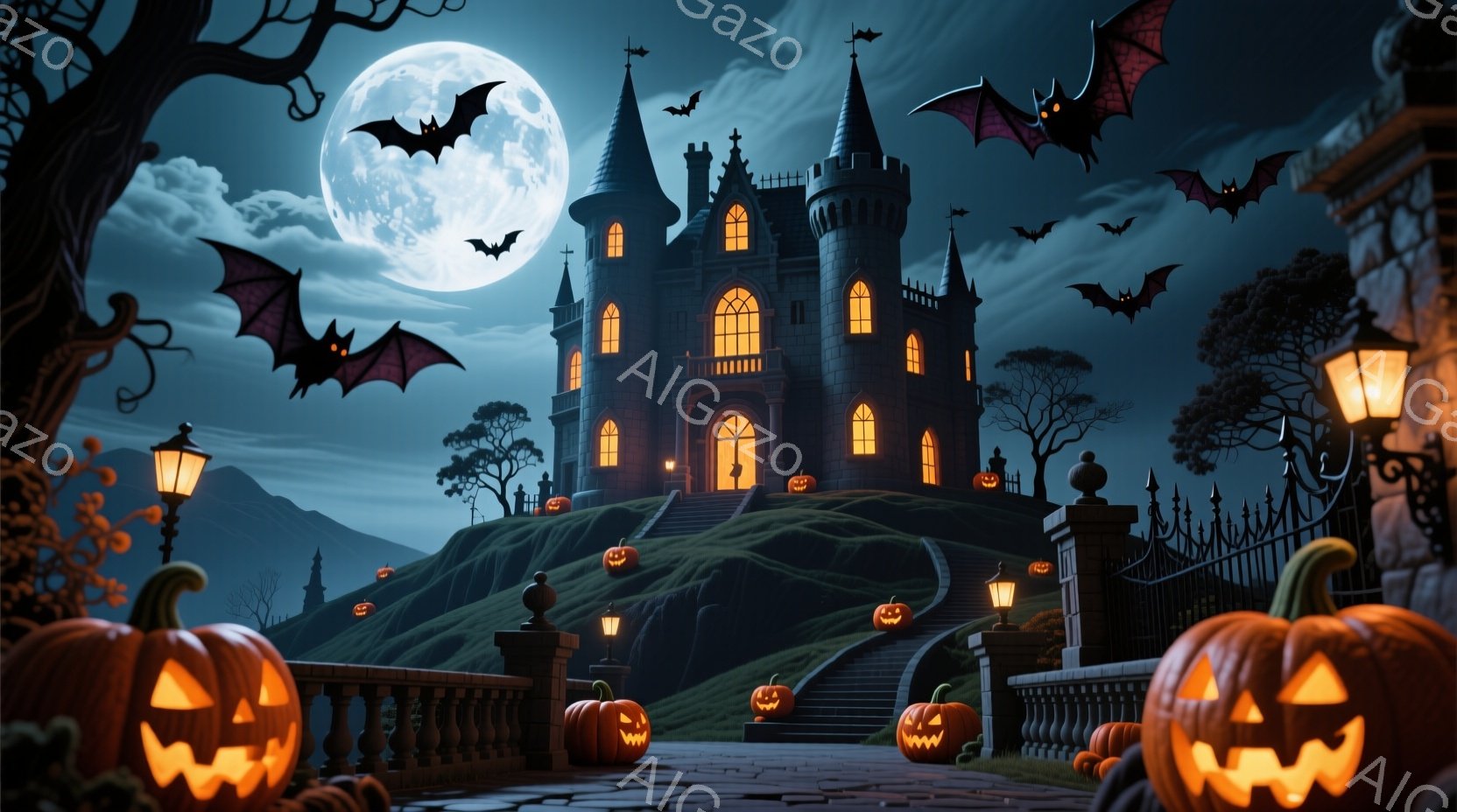 満月の夜に、丘の上にそびえ立つ不気味な城が描かれています。城の階段や庭にはジャック・オー・ランタンが灯り、黒い空にはコウモリが舞い、ハロウィーンの不気味な雰囲気を醸し出しています。城の窓からは温かい光が漏れ、夜の闇の中で異質な輝きを放っています。