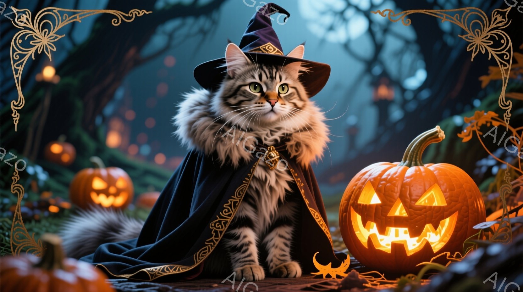白と灰色の縞模様の猫が、黒いマントと先のとがった帽子を身につけて座っています。その表情は落ち着いており、まるでハロウィンの魔法使いのようです。背景にはジャック・オ・ランタンや木の葉が散りばめられ、薄暗く不気味なハロウィンの雰囲気を醸し出しています。