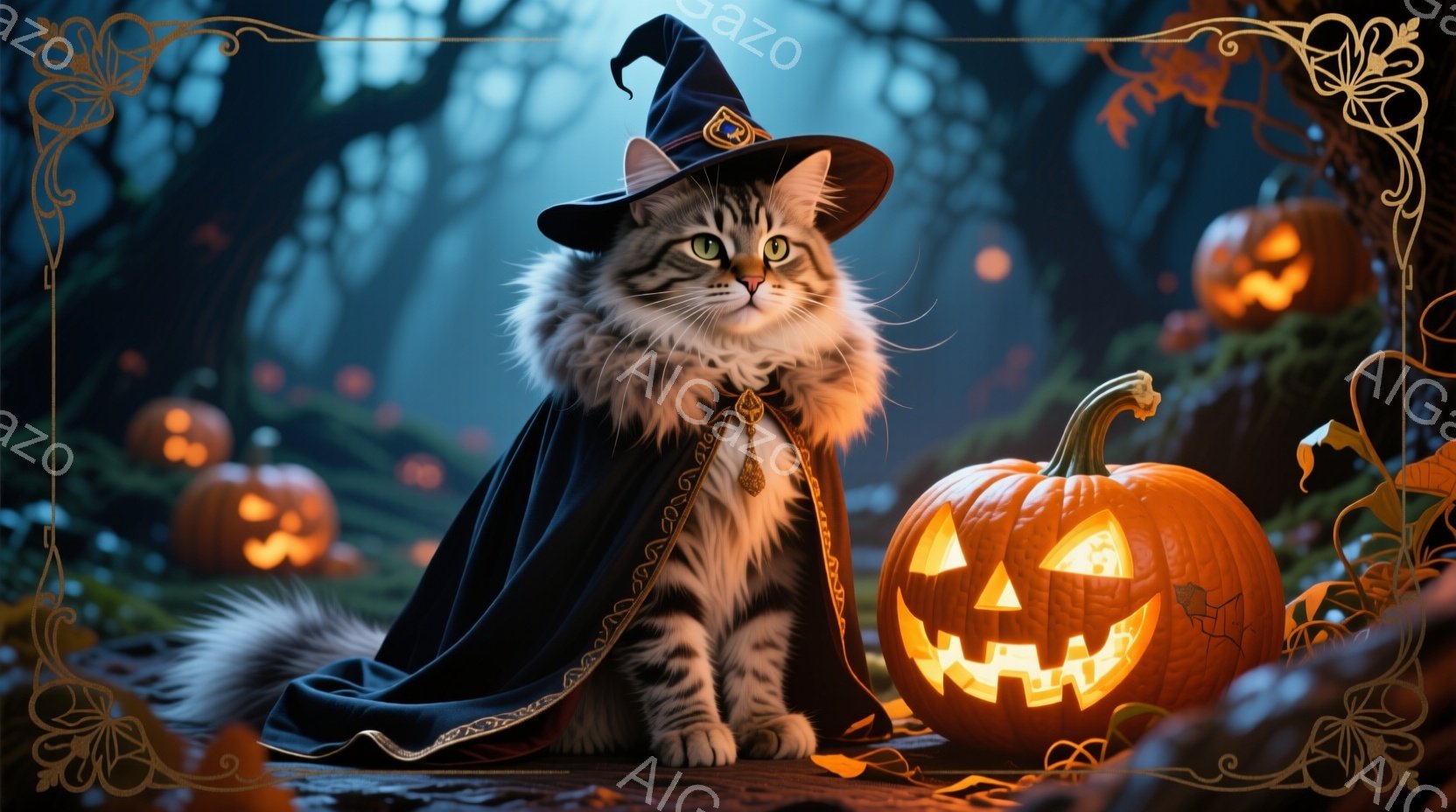 白い毛並みの猫が、黒いマントと縁取りの施された帽子を身につけ、自信に満ちた表情で座っています。背景には、不気味な表情で光るハロウィーンのジャック・オー・ランタンと、暗く霧のかかった森が広がっています。 - AI生成フリー素材