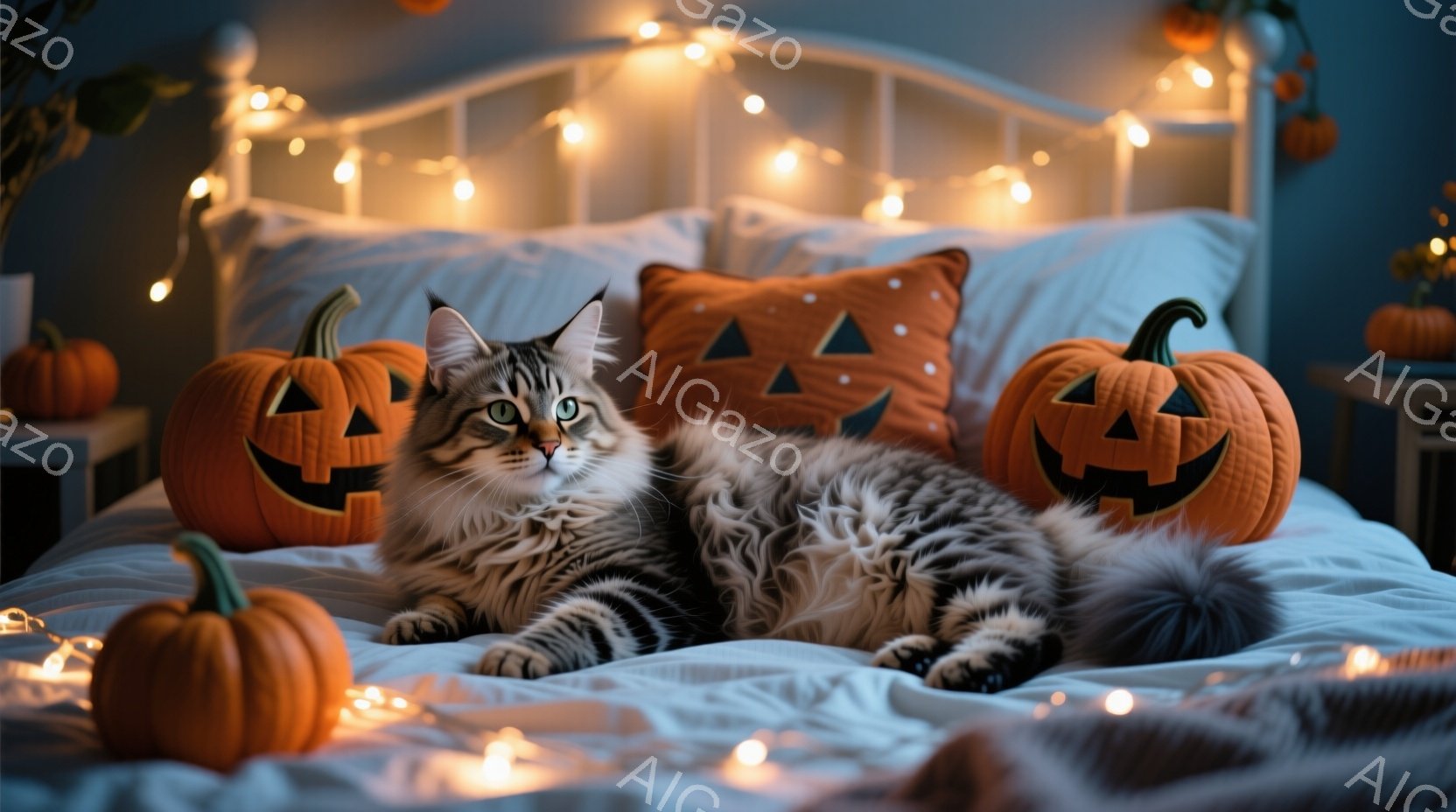 長い毛並みの縞模様の猫がベッドの上でリラックスして横たわっています。周囲にはハロウィーンの飾りであるジャック・オ・ランタンのクッションと置物が散りばめられ、ベッドのヘッドボードにはオレンジ色の光が灯る - AI生成フリー素材