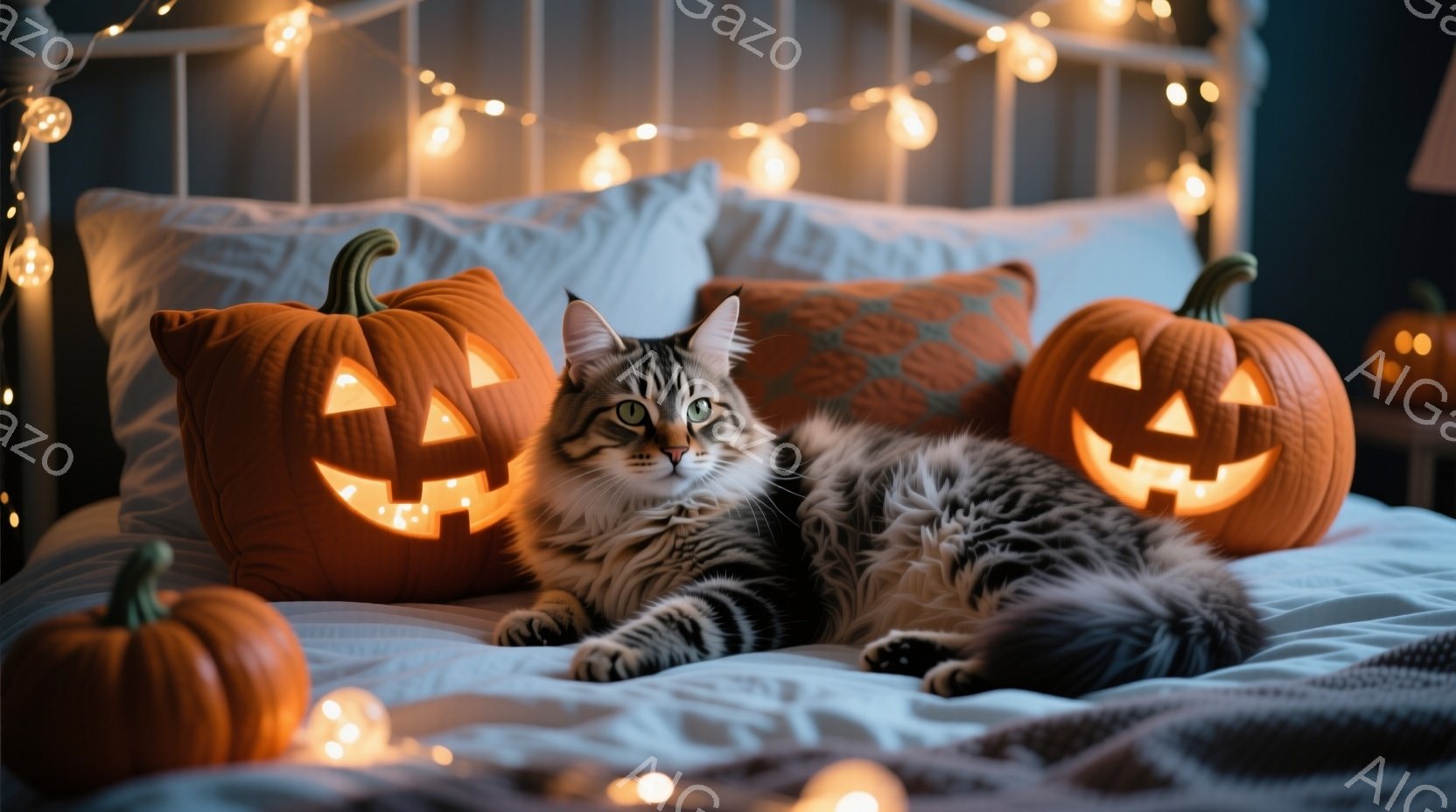 縞模様の猫がベッドに横たわり、ハロウィーンの飾りであるジャック・オ・ランタンの枕に囲まれています。猫はリラックスした様子で、少しこちらを見ており、枕とベッドシーツの暖色系の色合いが温かく心地よい雰囲気 - AI生成フリー素材