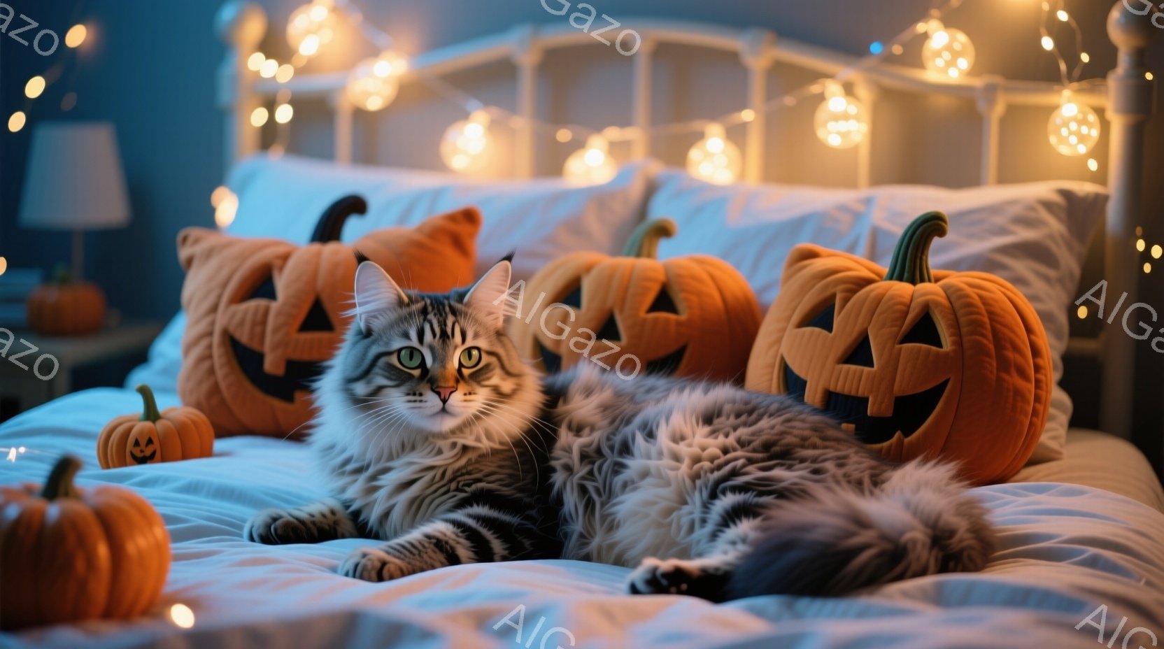 縞模様の長毛猫が、ハロウィーンのジャック・オー・ランタンに囲まれた白いベッドの上で横たわっています。猫はリラックスした表情で、前足を伸ばして眠そうに目を細めています。背景には、温かい光を放つハロウィー - AI生成フリー素材