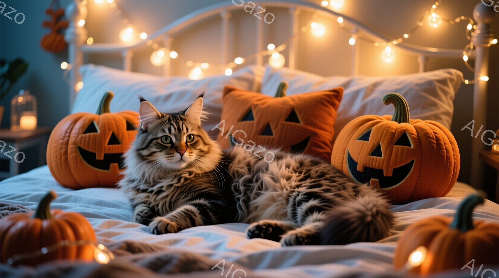 長毛の縞模様の猫が、ハロウィーンの装飾が施されたベッドに横たわっています。オレンジ色のジャック・オー・ランタンのクッションと小さなカボチャに囲まれ、リラックスした様子でカメラを見つめています。背景には - AI生成フリー素材