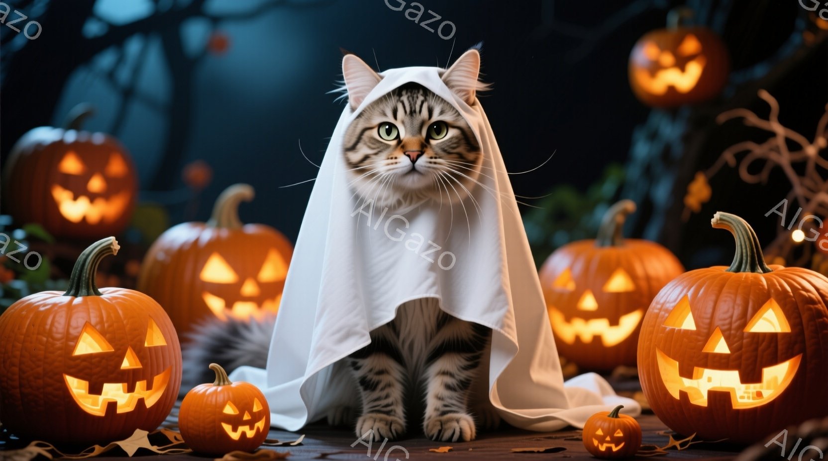 縞模様の猫が白い布を身にまとい、ハロウィーンの衣装を着ている。猫はまっすぐ前を見ており、表情は穏やかで少しいたずらっぽい様子だ。背景には、さまざまな大きさのジャック・オー・ランタンが並び、暗い森の中の - AI生成フリー素材