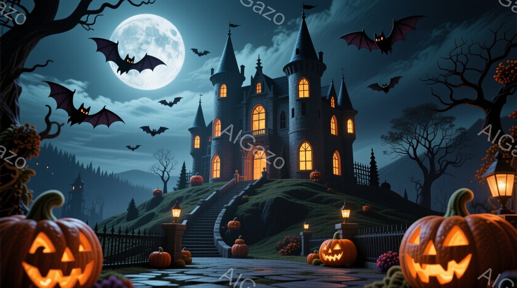 満月の夜に、古くて不気味な城が緑の丘の上にそびえ立っています。城の前に、多くのカボチャが灯りをともし、階段の両側に配置され、薄暗い光で照らされています。背景には暗い森が広がり、空にはコウモリが飛び交い - AI生成フリー素材