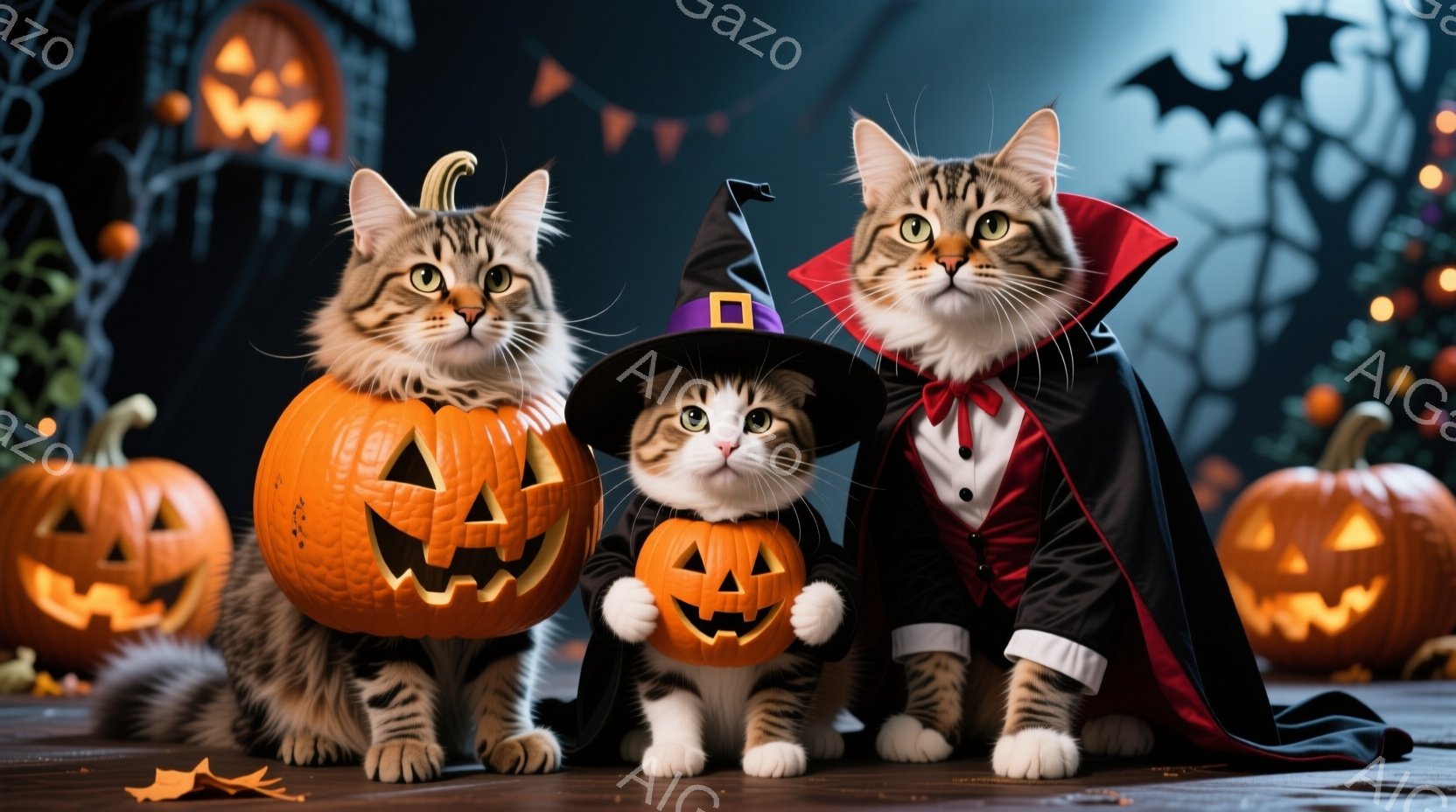 縞模様の猫たちがハロウィーンの衣装を着て、それぞれカボチャのランタンの横に座っています。一番左の猫は何も身に着けていませんが、中央の猫は魔女帽子をかぶり、一番右の猫はドラキュラのケープとリボンタイを付けています。背景には、木々やコウモリ、そして点灯したカボチャが配置され、お祝いのハロウィーンの雰囲気を醸し出しています。