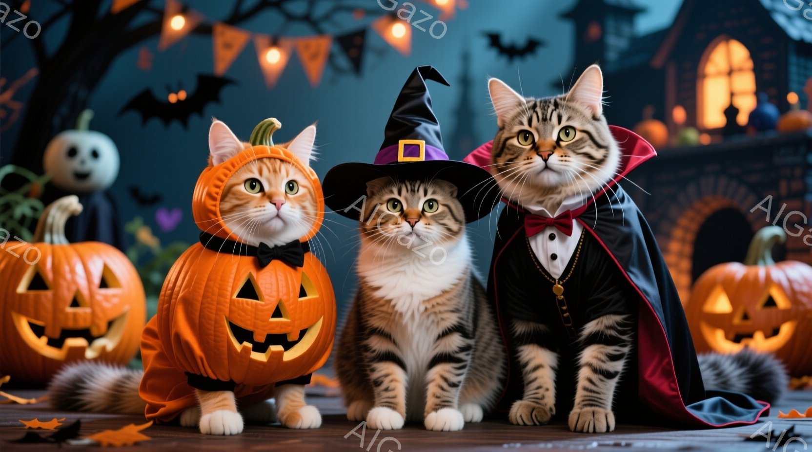 三匹の猫がハロウィーンの衣装を着て並んでいます。左の猫はジャック・オー・ランタンの衣装を着ており、中央の猫は魔女帽子をかぶっています。背景にはハロウィーンの装飾、木々、そしてお化け屋敷のような建物があ - AI生成フリー素材