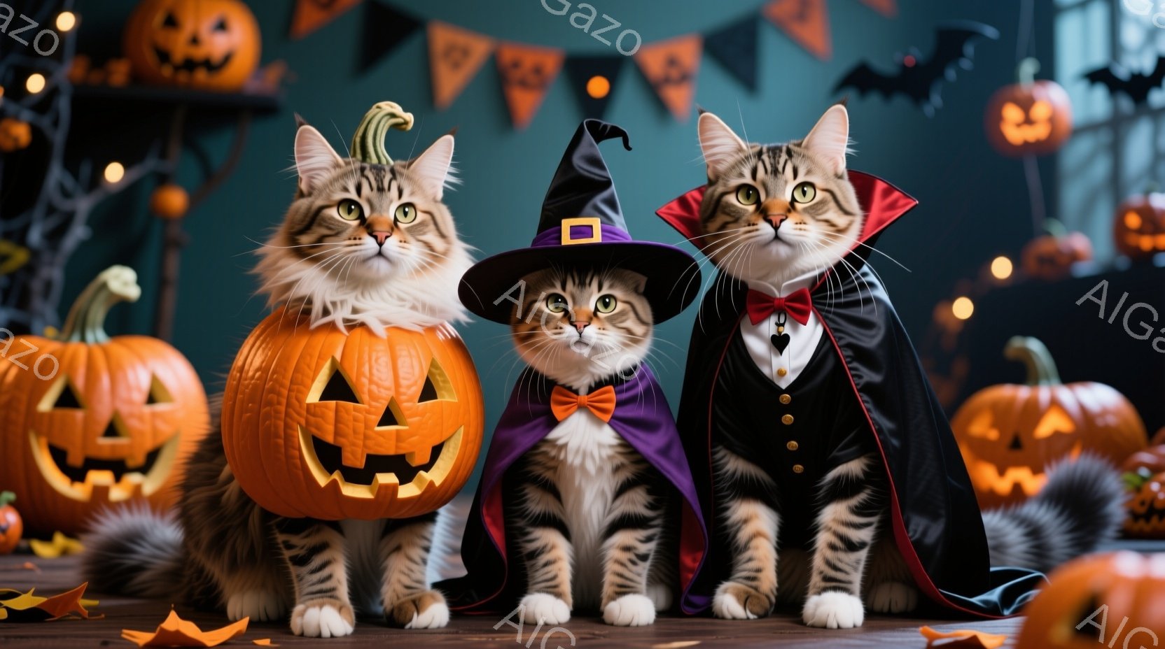 三匹の猫がハロウィンの飾りの中で整列している。中央の猫は紫色のリボンと魔女帽子を身に着け、他の二匹はそれぞれカボチャと吸血鬼の衣装をまとっている。背景には、オレンジ色に光るカボチャのランタンと、ハロウィーンを象徴する装飾が散りばめられており、お祝いムードを醸し出している。