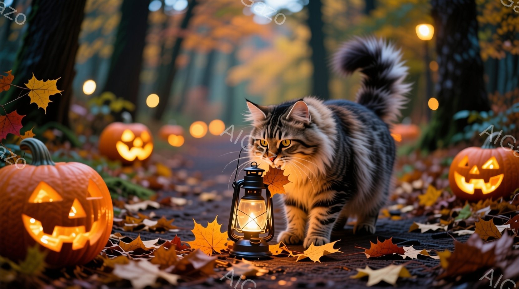 長い毛並みを持つ縞模様の猫が、落ち葉が敷き詰められた森の小道の中央を歩いている。周囲にはハロウィーンのランタンと彫刻が施されたカボチャが配置され、小道には落ち葉が散らばり、背後にはぼんやりとした木々が - AI生成フリー素材