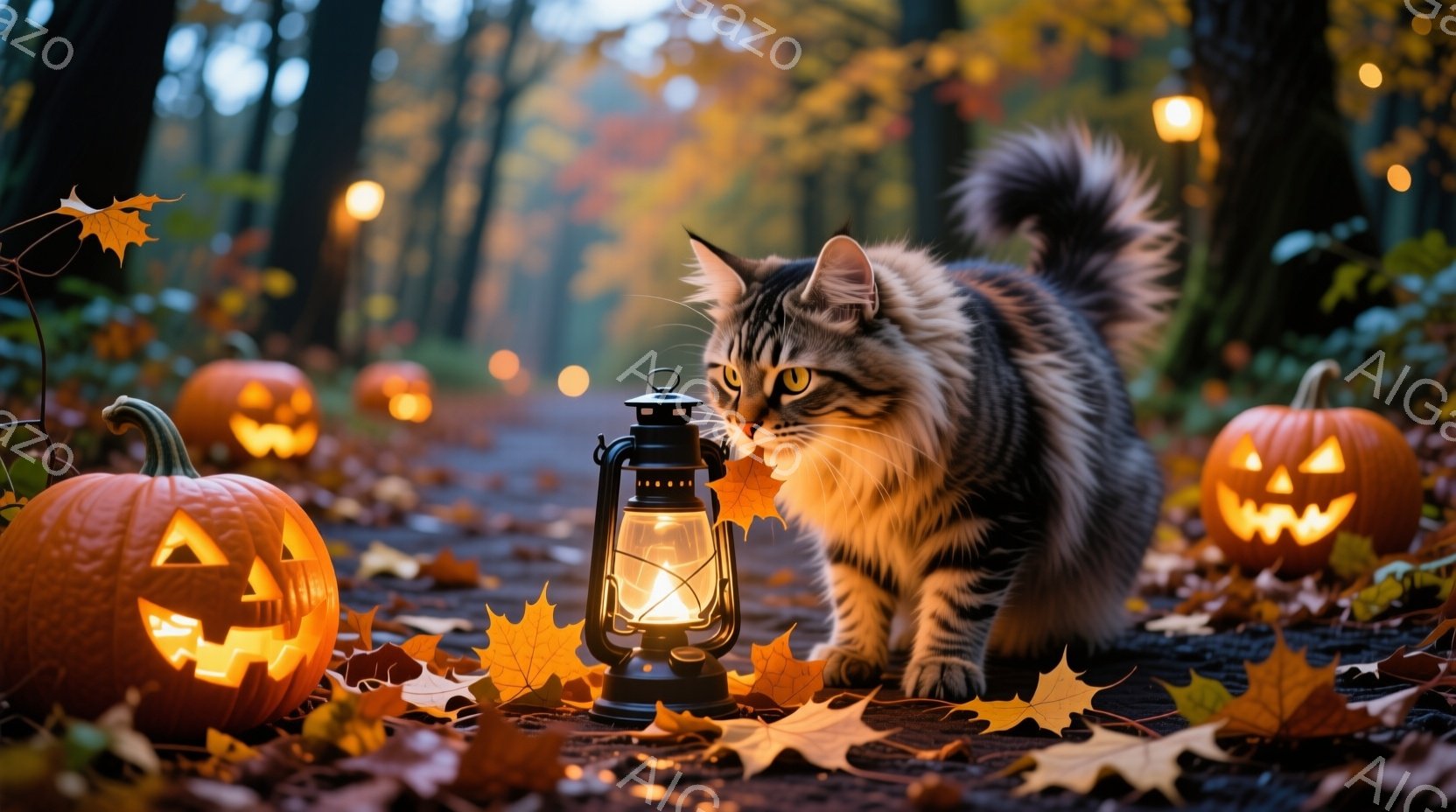 散りばめられたカボチャランタンと落ち葉に囲まれた小道で、縞模様の猫が前方をじっと見つめている。暖色の光が猫の毛並みを照らし、背景の木々がぼんやりと見える。ハロウィーンの夜の神秘的で少し不気味な雰囲気が漂う、秋の風景だ。