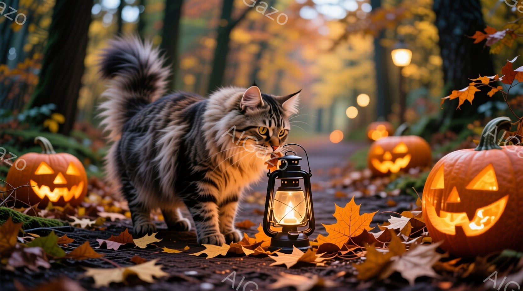 長毛の灰色の猫が、落ち葉が敷き詰められた森の小道の中央を歩いている。猫の周りには、ジャック・オー・ランタンがいくつか置かれ、小さな提灯が猫のすぐ近くに光を灯している。背景は秋の木々で、暖色系の色調が全体の雰囲気を温かく、ハロウィーンらしさを高めている。