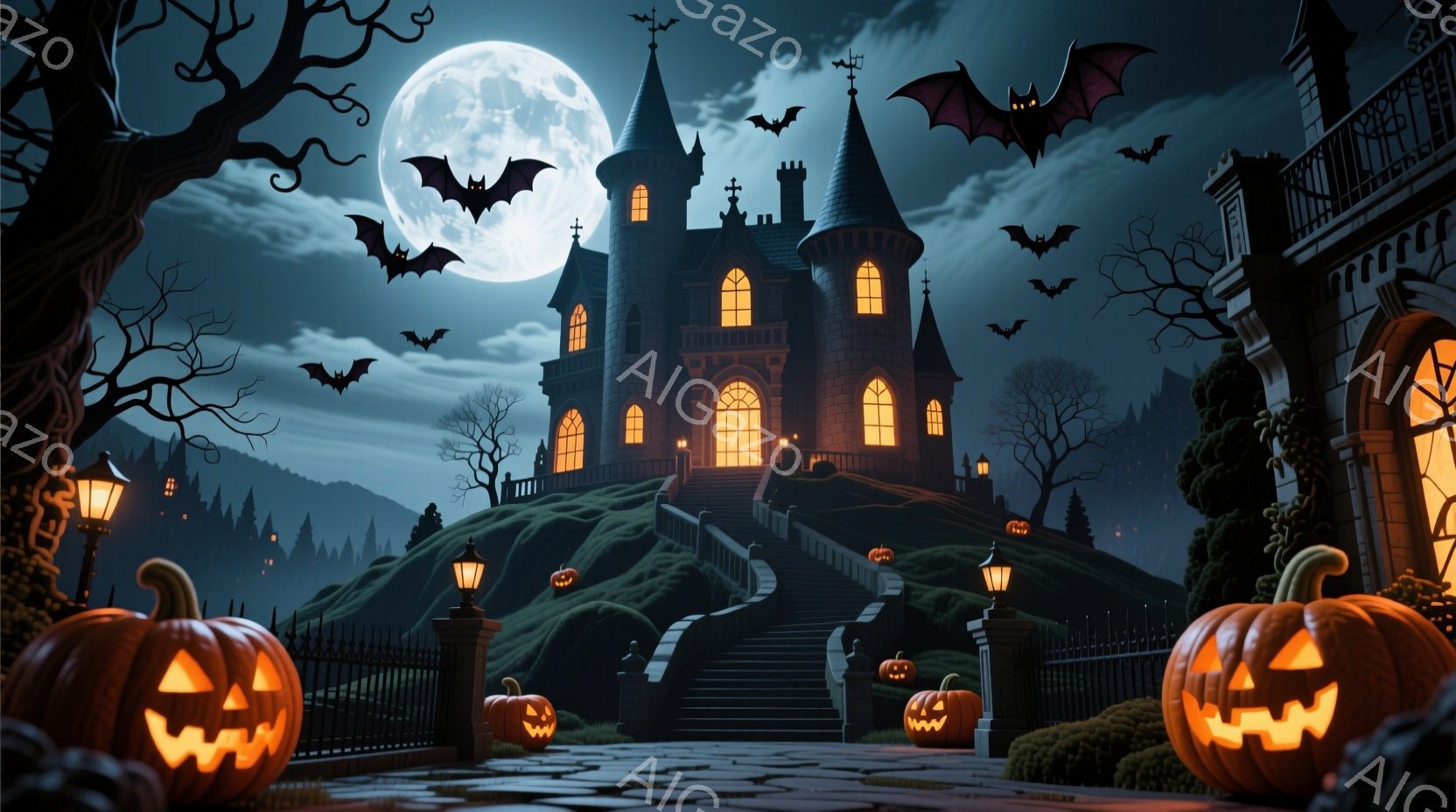 満月が輝く夜、丘の上に不気味な古城がそびえ立っている。城の周りにはジャック・オ・ランタンが並び、階段と庭園を照らし、暗闇に浮かび上がる不気味な雰囲気を醸し出している。黒い影とカラスが空を舞い、ハロウィーンの夜の神秘的な光景を強調している。
