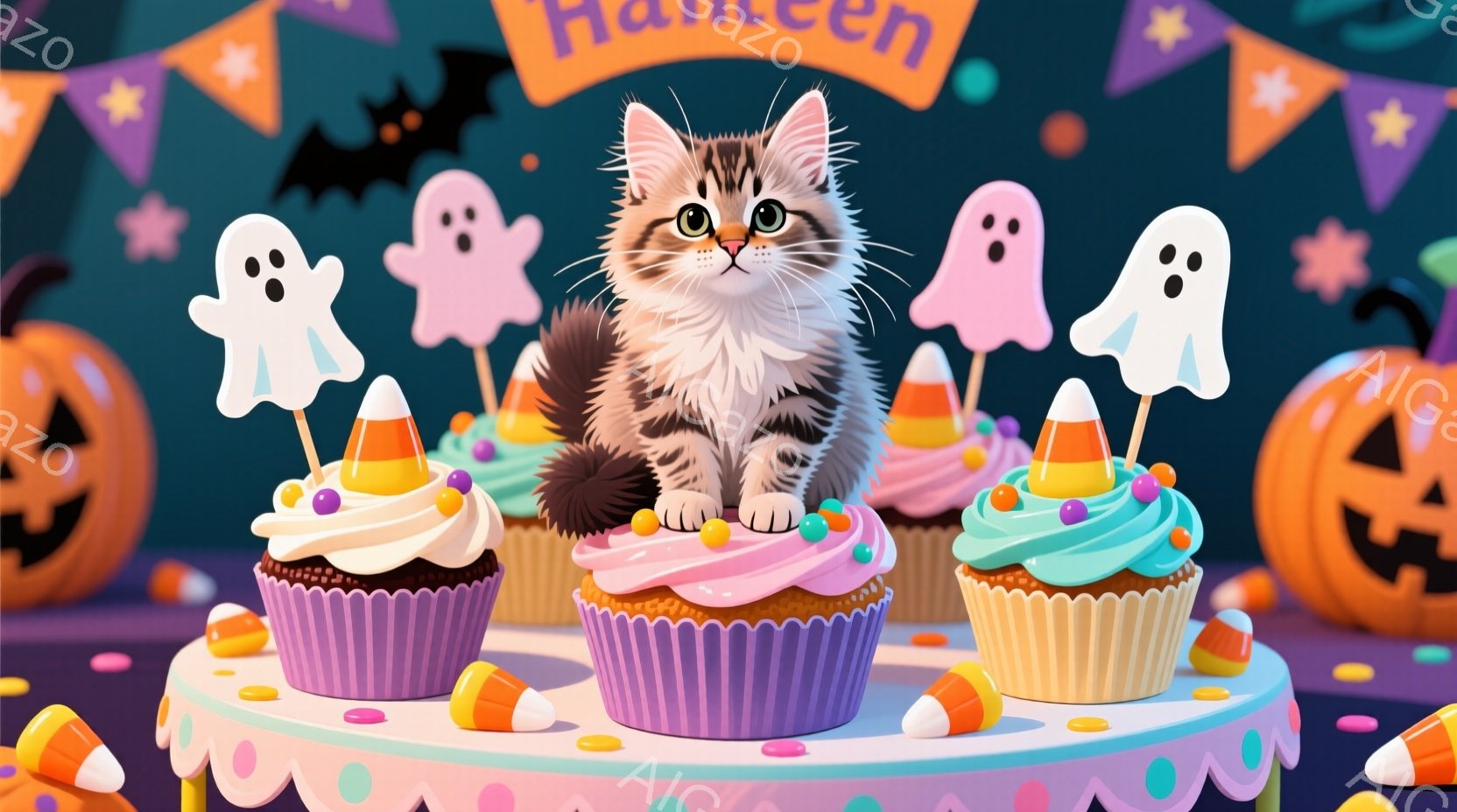 茶色のしま模様の小さな子猫が、紫色のカップケーキの上に座ってこちらを見ています。背景には、ハロウィーンの飾り付け、カボチャのランタン、キャンディコーン、そして可愛らしいお化けが浮かんでいます。全体的に、明るく、お祭り気分で、可愛らしい雰囲気です。