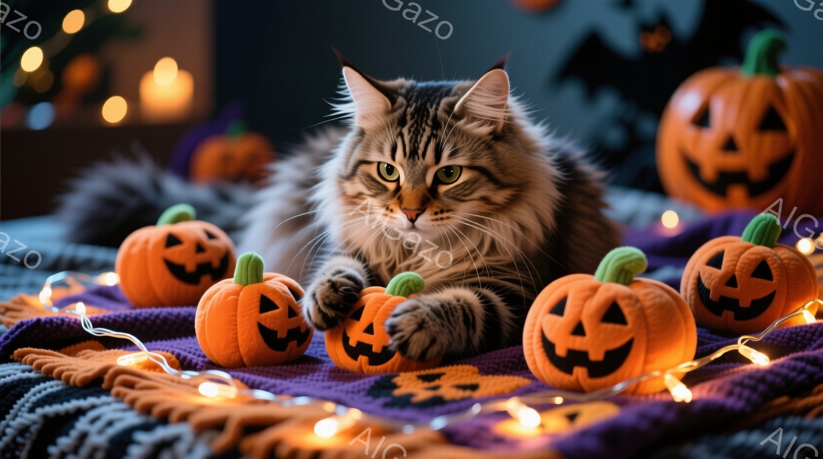 長毛の猫が紫色の毛布の上に横たわり、周りにはハロウィーンの小さなカボチャの飾りとオレンジ色のイルミネーションライトが散らばっています。猫はリラックスした表情で、片方の前足をカボチャの上に置いている様子が可愛らしいです。背景は暗く、ぼんやりとしたハロウィーンの装飾が見え、温かくお祝いの雰囲気を醸し出しています。