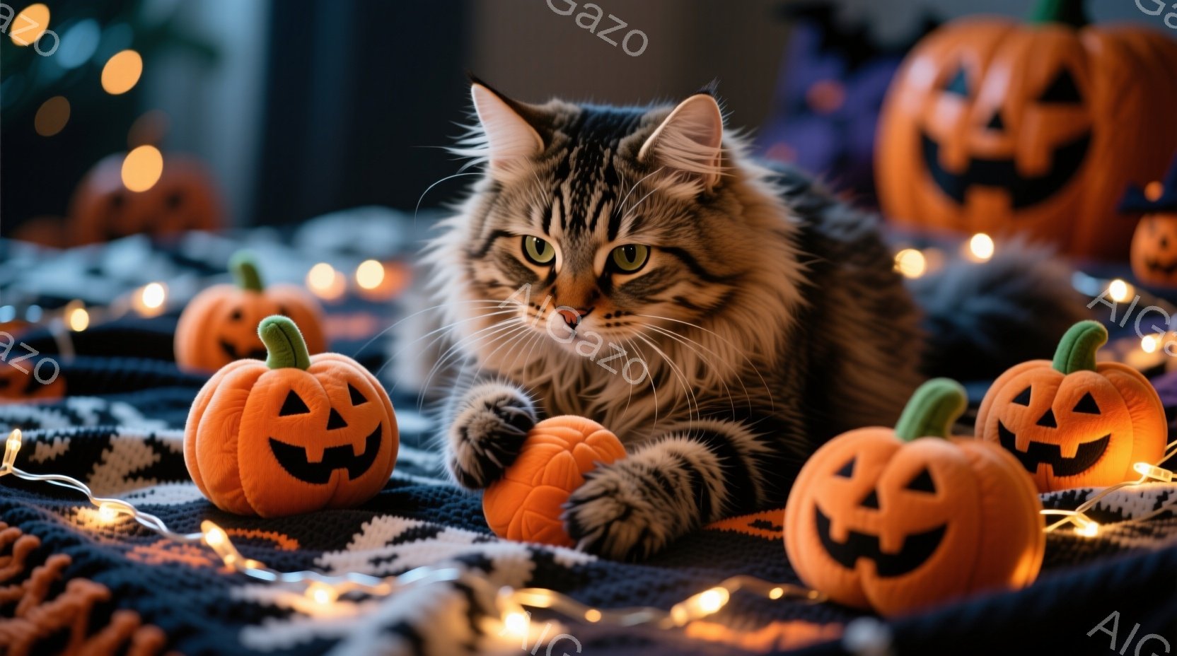 長毛の縞模様の猫が、オレンジ色の小さなジャック・オー・ランタンに囲まれて、黒い毛布の上に横たわっています。猫は前足を伸ばし、落ち着いた表情でカメラを見つめています。背景には、ぼんやりとした光のぼんやりとした輪郭と、ハロウィーンを象徴する他の装飾が散りばめられており、暖かく居心地の良い雰囲気を作り出しています。