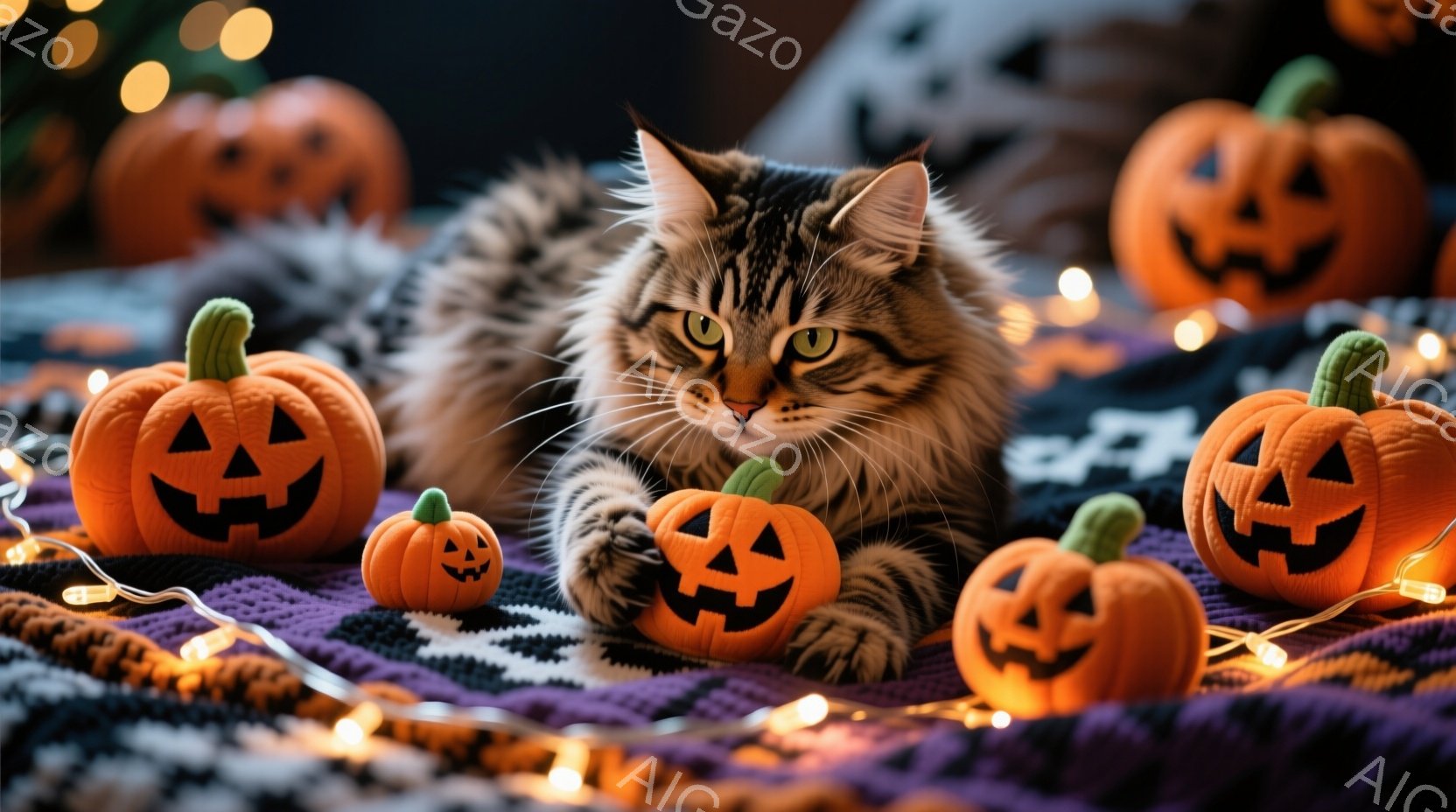 縞模様の猫が紫色の毛布の上に横たわり、ハロウィーンの小さなジャック・オ・ランタンに囲まれています。猫は前足を伸ばしてリラックスした姿勢で、明るいオレンジ色のカボチャを見つめています。背景にはぼんやりと - AI生成フリー素材