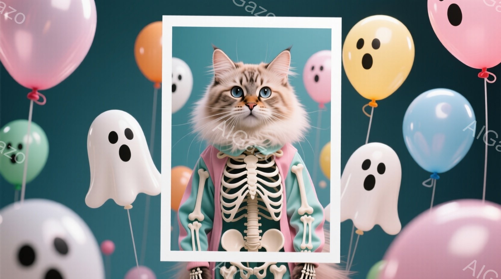 白い縁取りのフレーム内に、緑色のジャケットの上に骸骨のコスチュームを着たふわふわの猫が写っています。猫は青い目を持ち、少し驚いたような表情をしています。背景には、パステルカラーの風船と幽霊が浮かび、お - AI生成フリー素材