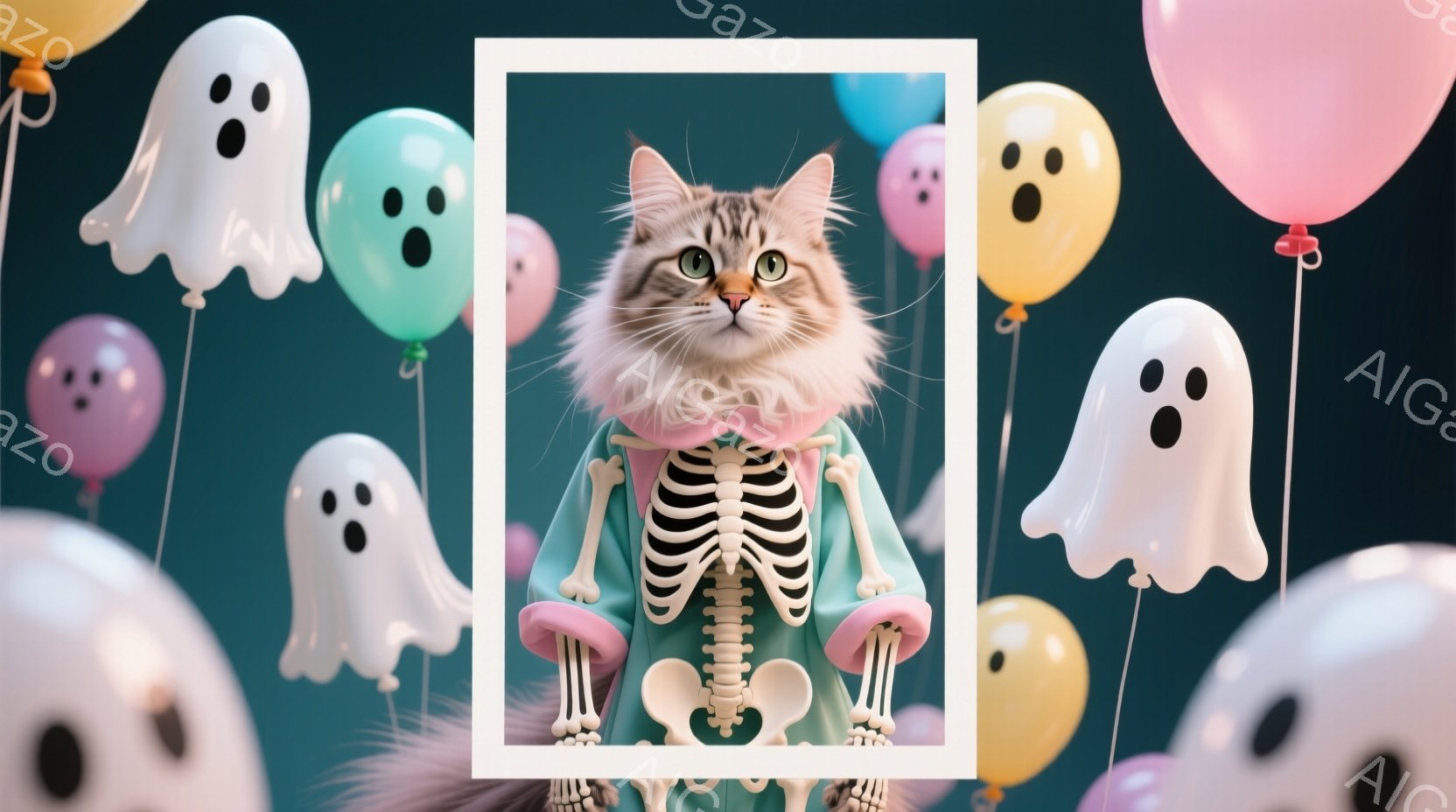 長毛の猫が、ハロウィーンを意識した緑色の骨格模様の衣装を着ています。猫は正面を見据え、わずかに微笑んでいるようで、その表情は可愛らしいです。背景には、パステルカラーの幽霊の形をした風船が浮かび、お祝い - AI生成フリー素材