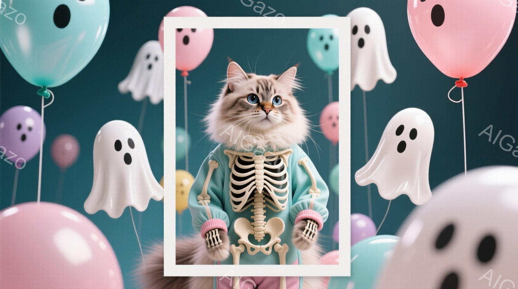 白い毛並みの猫が、ハロウィーンらしい骨格柄のパーカーを着て、カメラの正面を見つめている。背景には、パステルカラーの風船や幽霊の形をしたバルーンが浮かび、お祝いムードを醸し出している。全体的に、かわいら - AI生成フリー素材