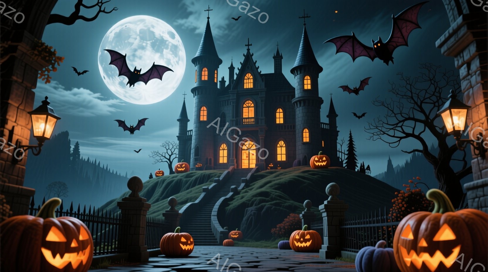 満月の夜に、不気味な城が丘の上にそびえ立っている。庭にはジャック・オー・ランタンが並び、黒い影が不気味な雰囲気を醸し出している。城の窓からは温かい光が漏れ出し、周囲の暗闇とのコントラストが際立っている。