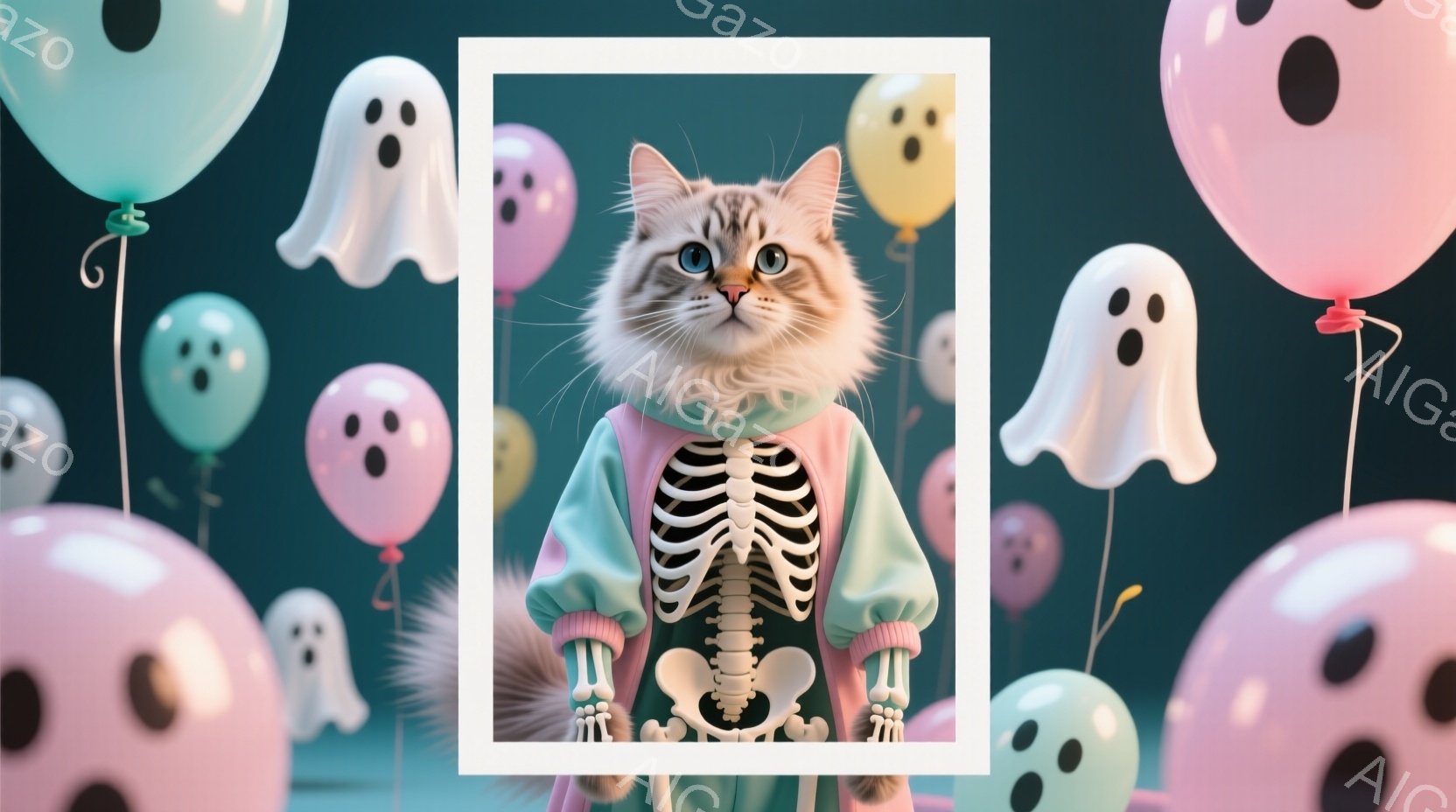 白い毛並みの猫が、緑色の袖と裾、骸骨模様の胴体を持つスウェットシャツを着ています。猫は正面を向き、少し驚いたような表情でカメラを見ています。背景には、パステルカラーの幽霊の形をした風船が多数浮遊しており、ハロウィーンのような遊び心のある雰囲気を醸し出しています。