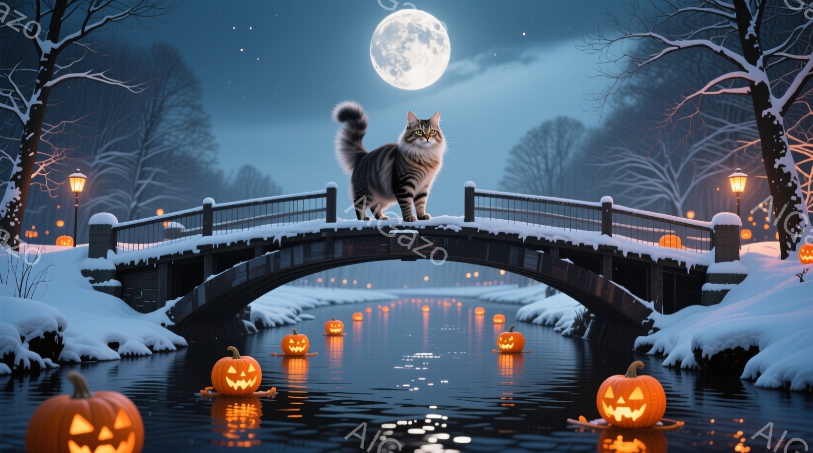 白い雪に覆われた運河の上にアーチ状の橋があり、その上に縞模様の猫が堂々と立っている。水面にはジャック・オ・ランタンが浮かび、橋の欄干には提灯が灯り、周囲の木々は雪化粧を施し、満月が夜空を照らしている。全体的に幻想的で静謐な、ハロウィーンの夜の雰囲気を感じさせる。