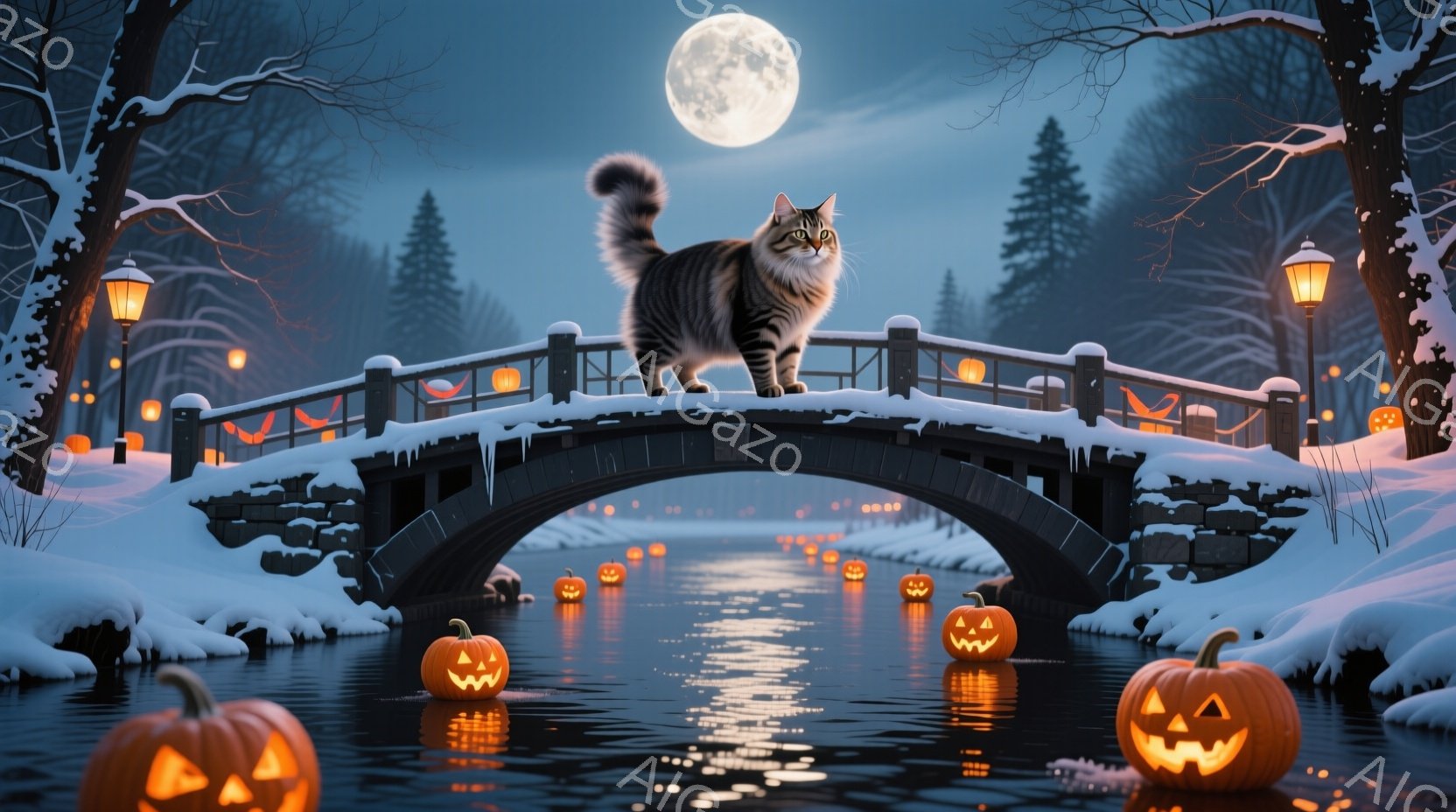 凍てつく夜の運河に架かるアーチ橋の上で、縞模様の猫が威厳を持って立っている。周囲の運河には、不気味な光を放つジャック・オー・ランタンが浮かび、雪が積もった木々が背景を彩っている。満月が輝き、全体的に幻想的で少し不気味な、ハロウィンの夜の雰囲気を醸し出している。