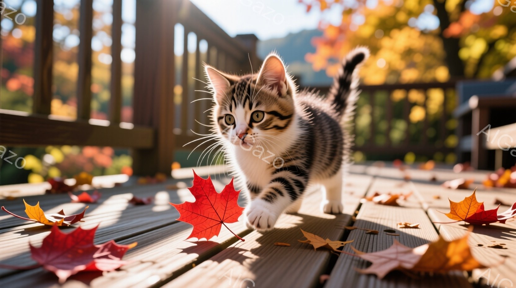 白と茶色の縞模様の小さな子猫が木製のデッキの上を歩いている。周りには赤やオレンジ色の紅葉が散らばり、背景には緑豊かな自然とぼやけた建物が見える。全体的に暖かく、秋らしい穏やかな雰囲気である。 - AI生成フリー素材