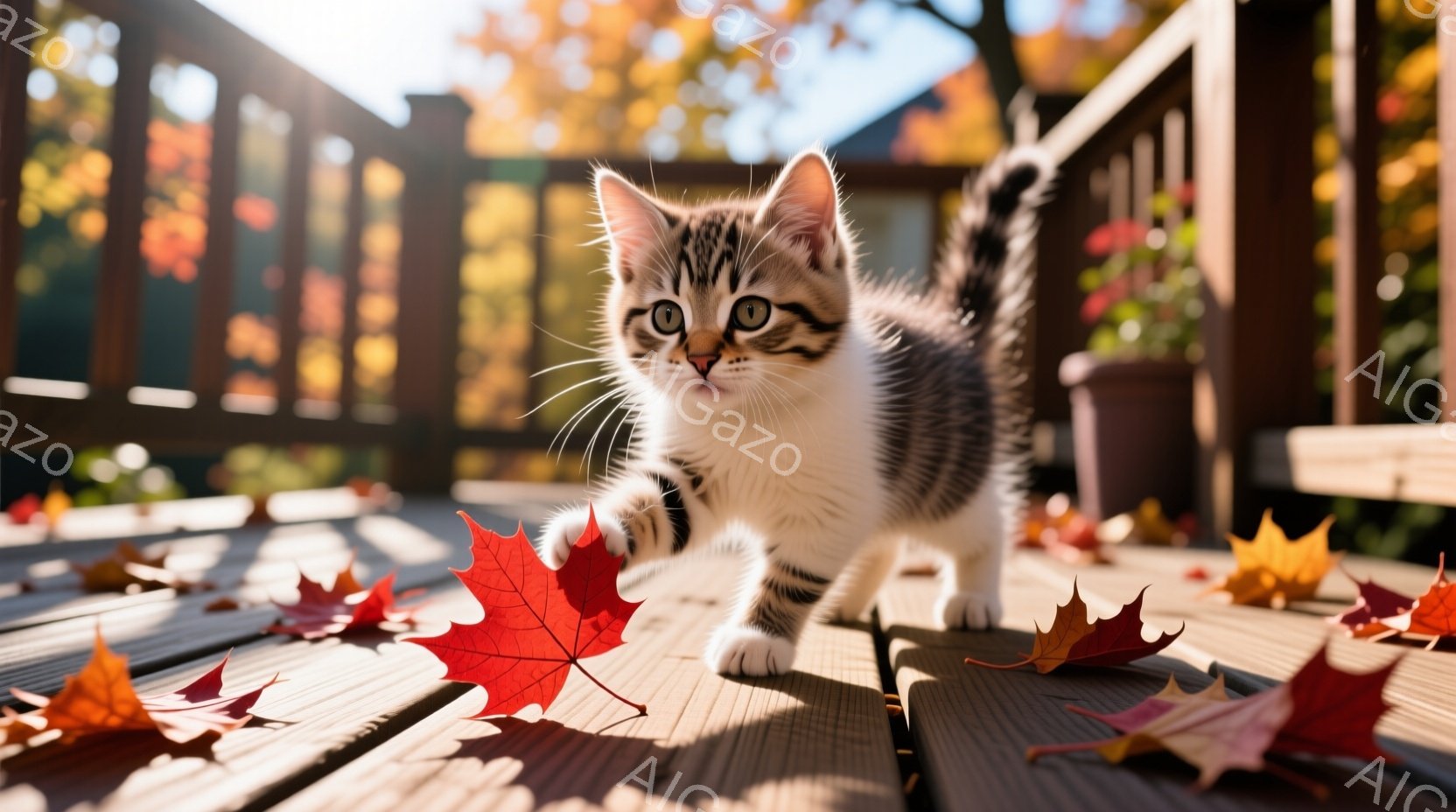 白と黒の縞模様の小さな子猫が、木のデッキの上を歩いています。鮮やかな赤や黄色の紅葉がデッキに散らばり、秋の季節を象徴しています。背景には、木製の柵と植物が見え、温かく穏やかな雰囲気です。 - AI生成フリー素材