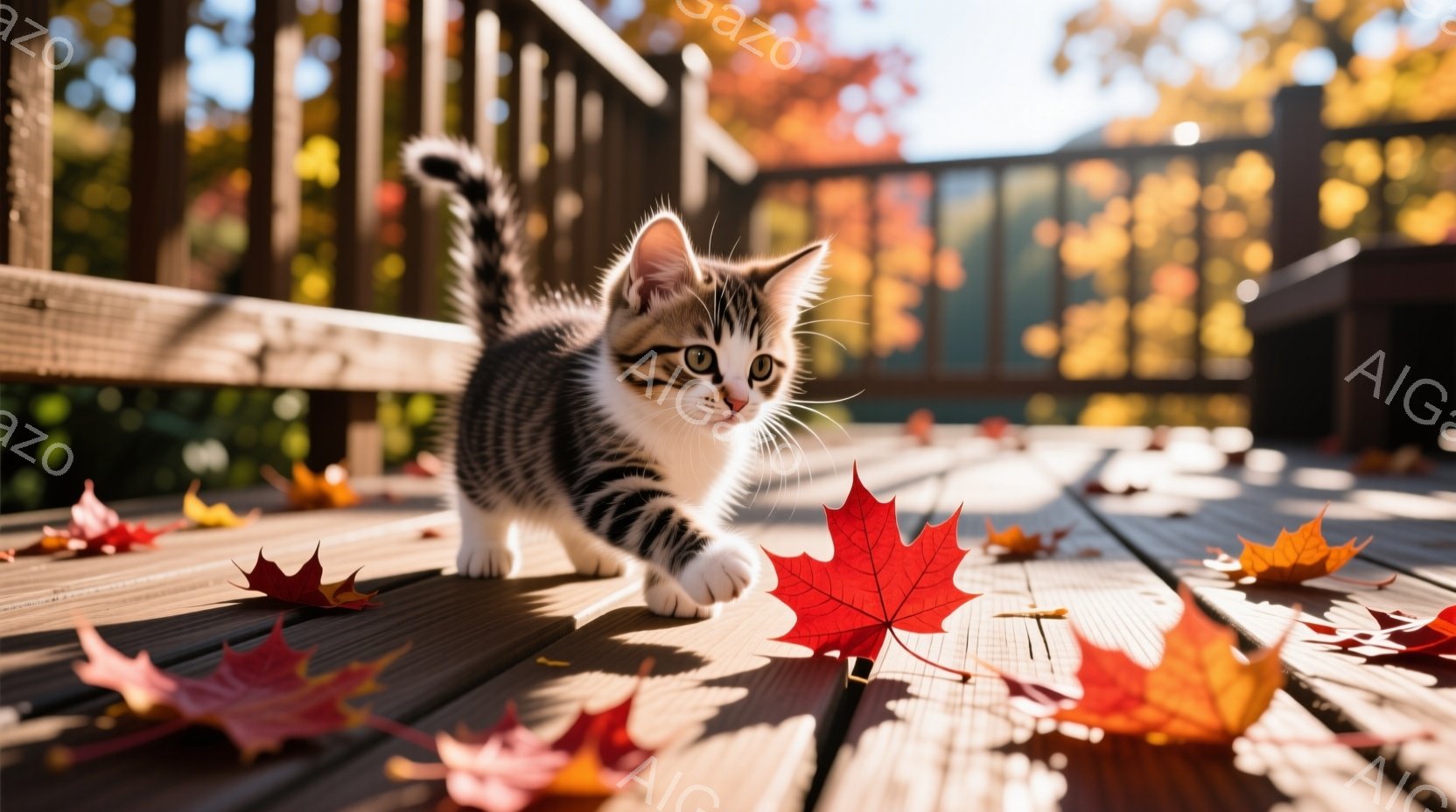 縞模様の小さな子猫が木製のデッキの上を歩いている。鮮やかな赤色のカエデの葉がデッキに散らばり、秋の雰囲気を醸し出している。背景にはぼやけた緑の植物と太陽光が見え、暖かく穏やかな印象を与える。