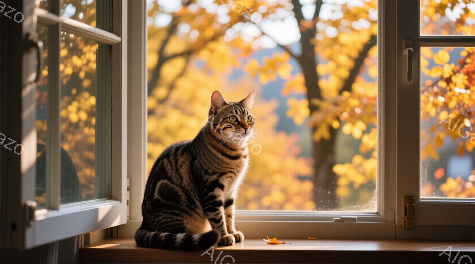 縞模様の猫が窓枠に座り、外を眺めている。背景は秋の鮮やかな紅葉で、窓の外にはぼやけた木々が見える。猫はリラックスした姿勢で、穏やかな光が室内を照らし、暖かく落ち着いた雰囲気を醸し出している。 - AI生成フリー素材