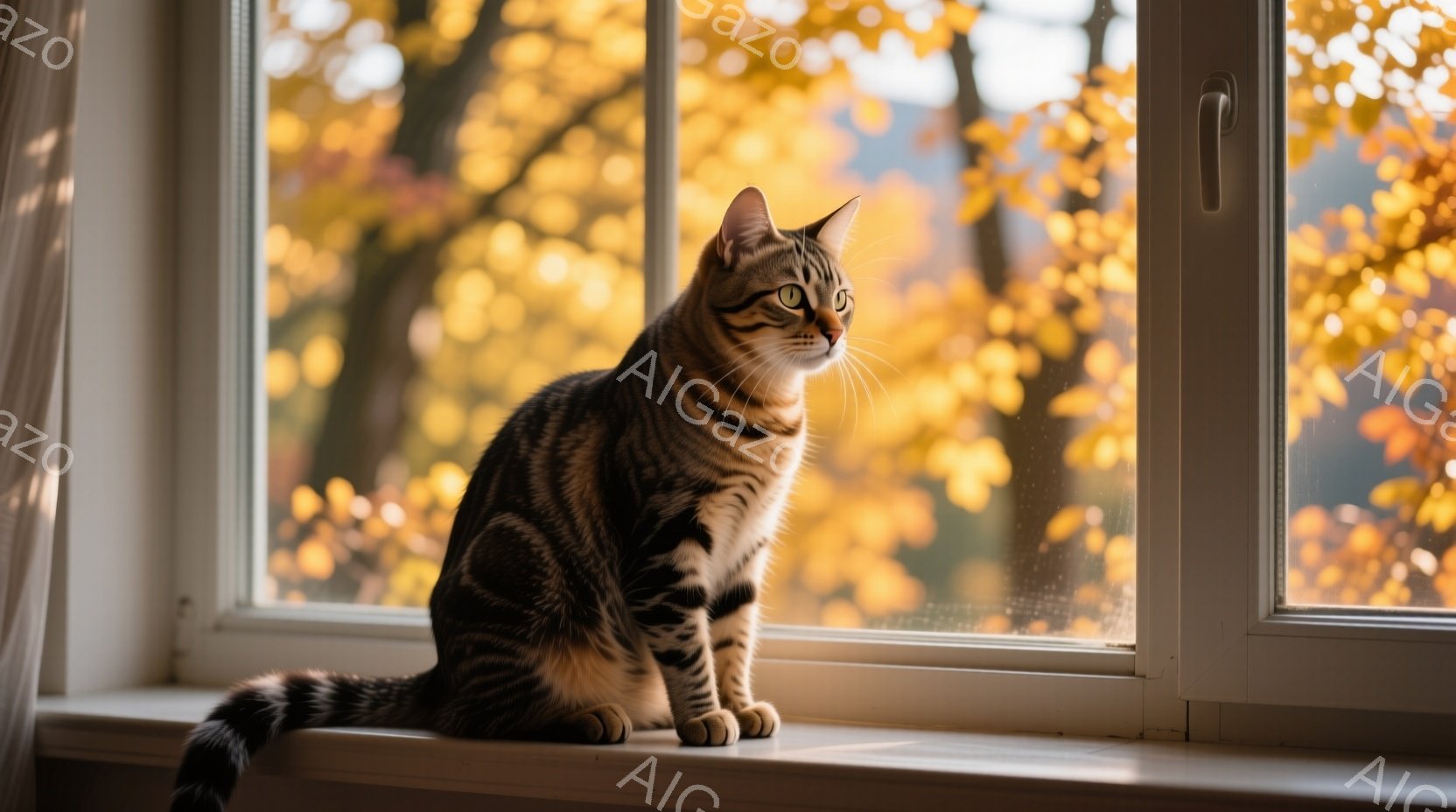 縞模様の猫が窓辺に座り、外を見つめている。窓の外には鮮やかな黄色の葉を持つ木々が広がり、秋の風景が広がっている。室内は暖かく、猫の毛並みや背景の木々の色合いが、穏やかで落ち着いた雰囲気を醸し出している - AI生成フリー素材