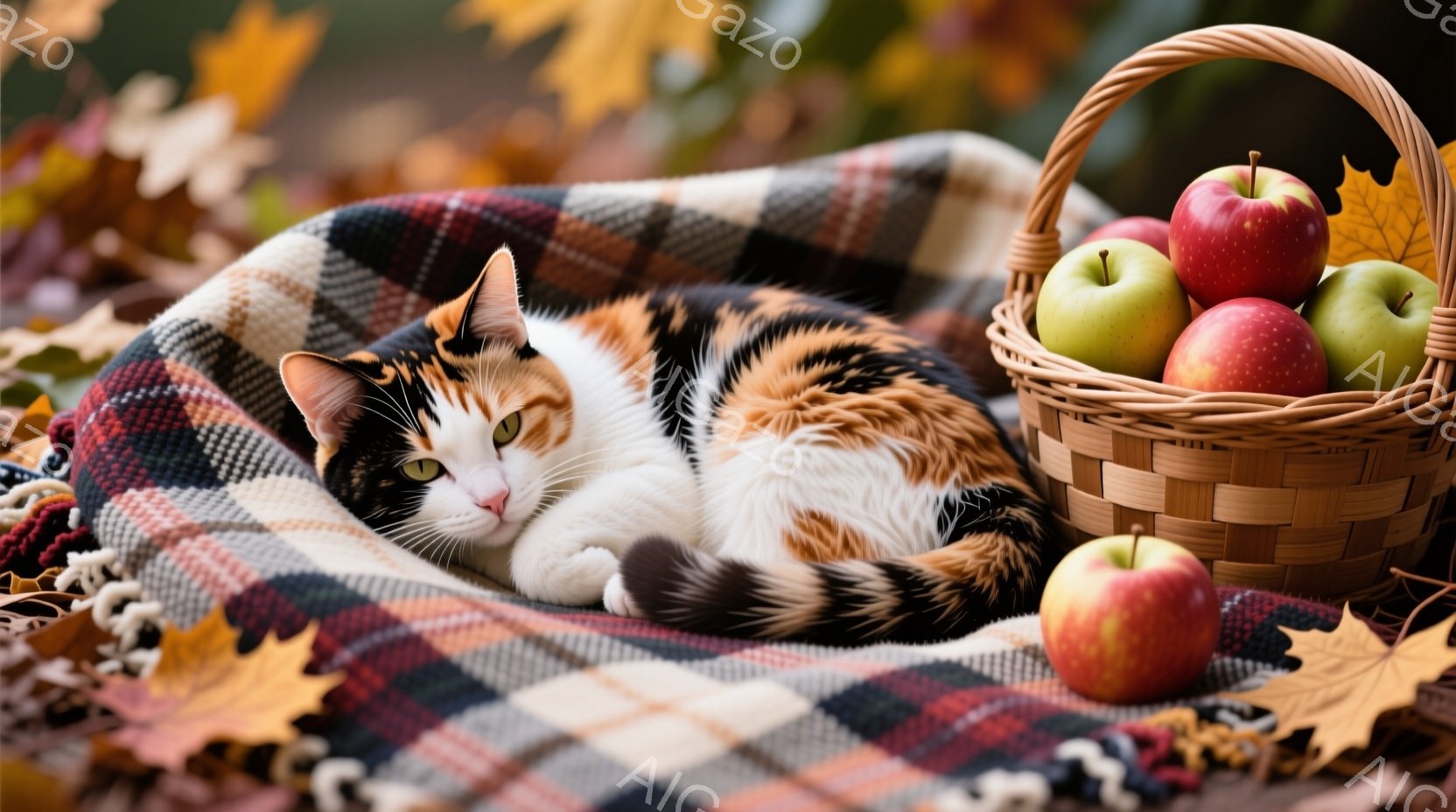 オレンジ、白、黒のまだら模様の猫が、赤と黒のチェック柄の毛布の上で丸まってリラックスしています。その隣には、赤いリンゴと緑色のリンゴがいくつか入った籐の籠があり、周りには紅葉した葉が散りばめられています。暖かく、居心地の良い秋の雰囲気が漂う、穏やかで幸せな情景です。