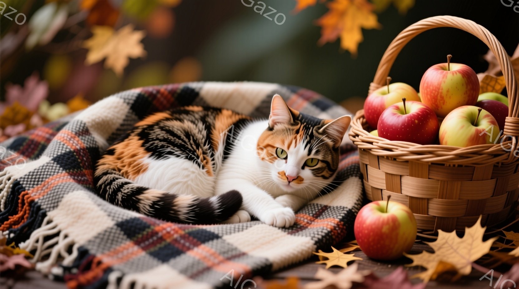 白、黒、オレンジ色の毛並みを持つ猫が、チェック柄の毛布の上でリラックスして横たわっています。猫は緑色の目を持ち、穏やかな表情でカメラを見ています。背景には紅葉した葉が散らばり、右側には赤いリンゴがたくさん入った編まれた籠があります。