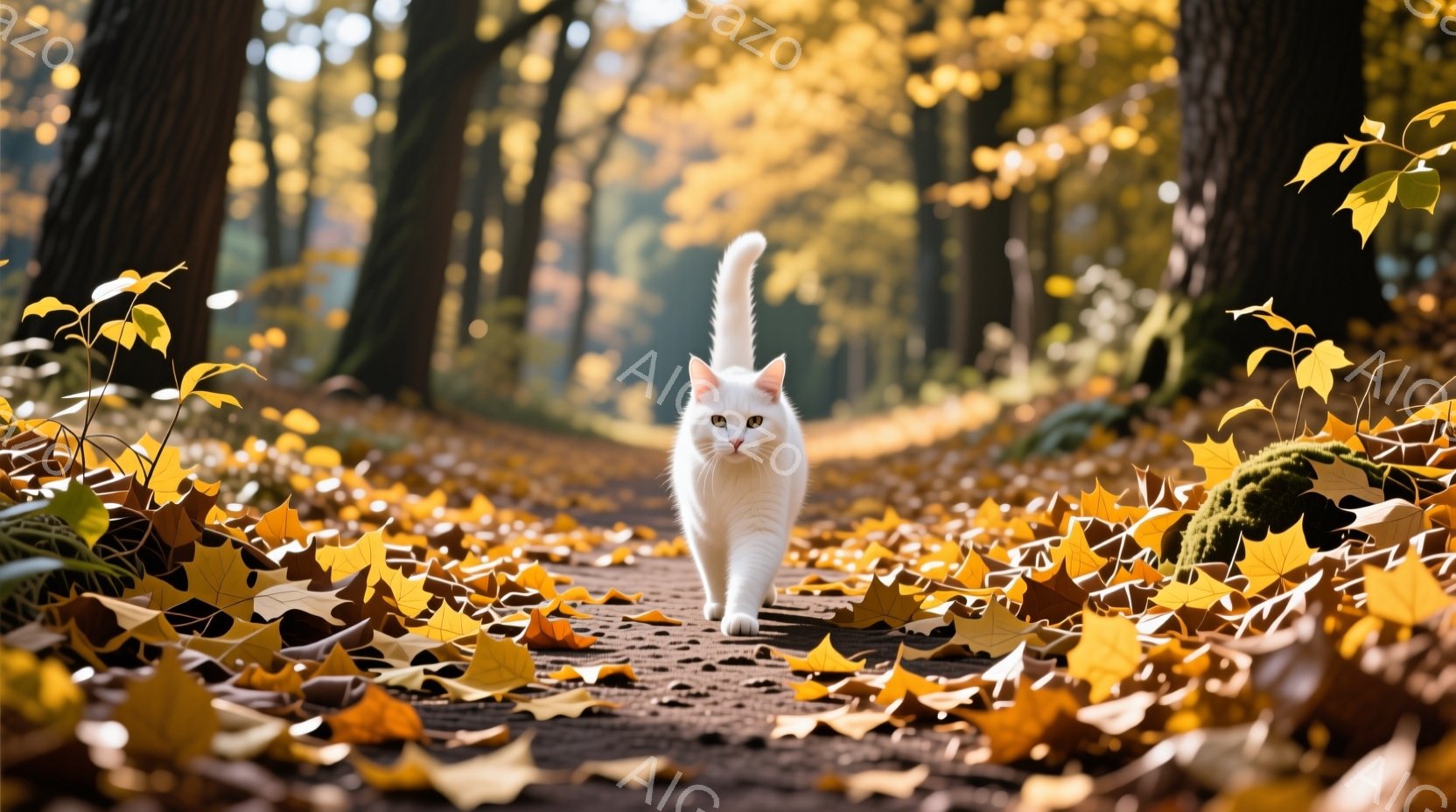 白い猫が落ち葉が敷き詰められた森の小道を堂々と歩いている。背景は秋の鮮やかな黄色の葉で覆われた木々と、ぼんやりとした光で、猫の白い毛並みが際立っている。秋の静けさと自然の美しさを感じる、穏やかで心地よ - AI生成フリー素材