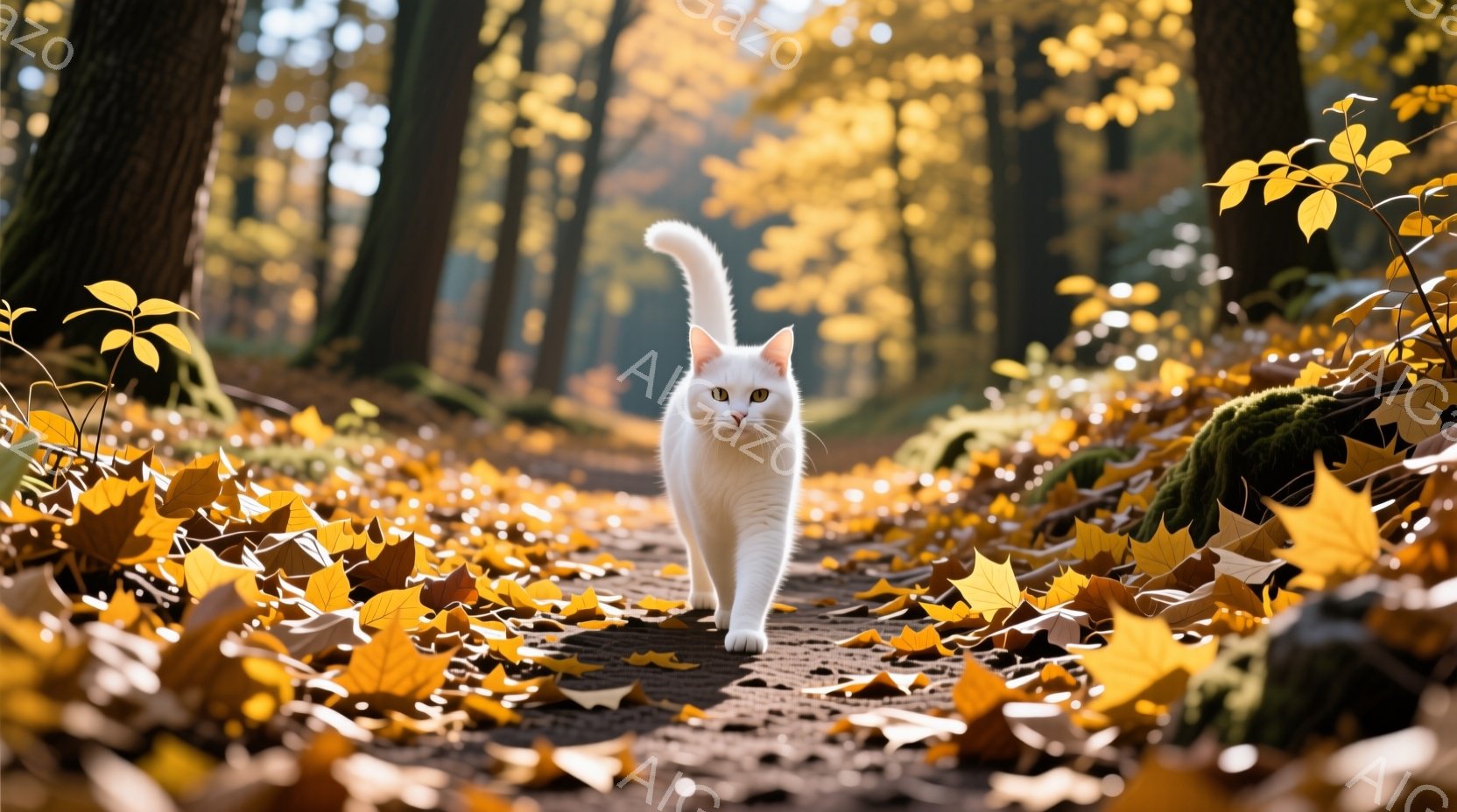 白い猫が落ち葉が敷き詰められた森の道をまっすぐ歩いている。背景には木々が生い茂り、秋らしい暖色系の光が差し込んでいる。猫は前方をまっすぐ見つめ、静かで落ち着いた雰囲気を醸し出している。 - AI生成フリー素材