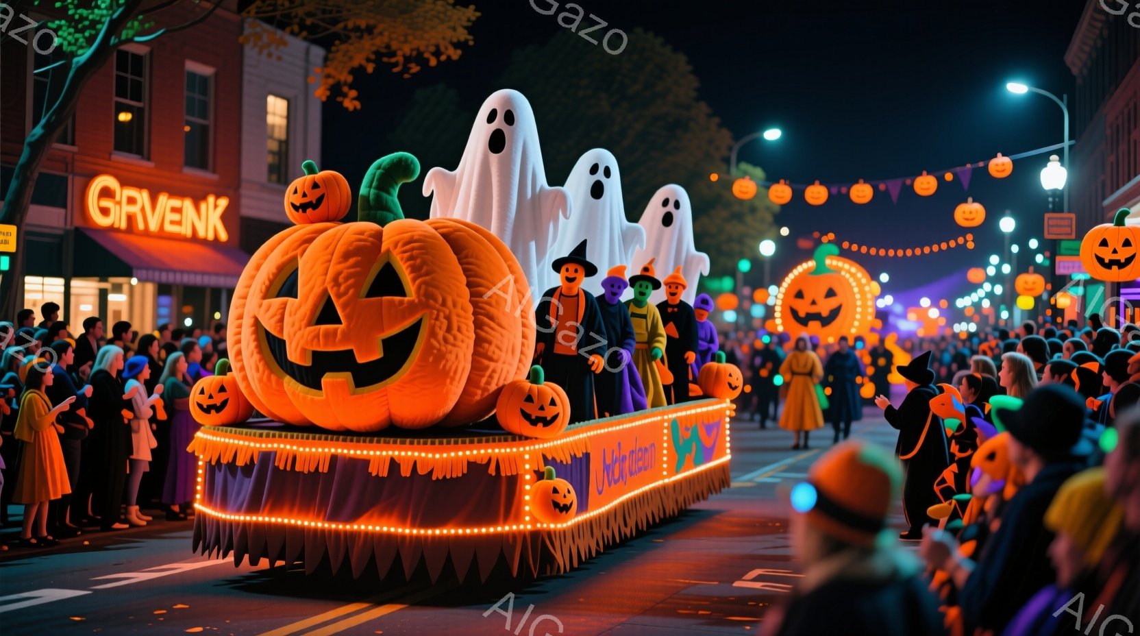 ハロウィーンのパレードが行われている様子が写っています。大きなカボチャの飾りと幽霊の装飾が施されたフロートが通りをゆっくりと進んでおり、多くの人々がハロウィーンの仮装をしてパレードを楽しんでいます。背景には建物が見え、オレンジ色の提灯が並び、夜の街は活気に満ちた雰囲気です。