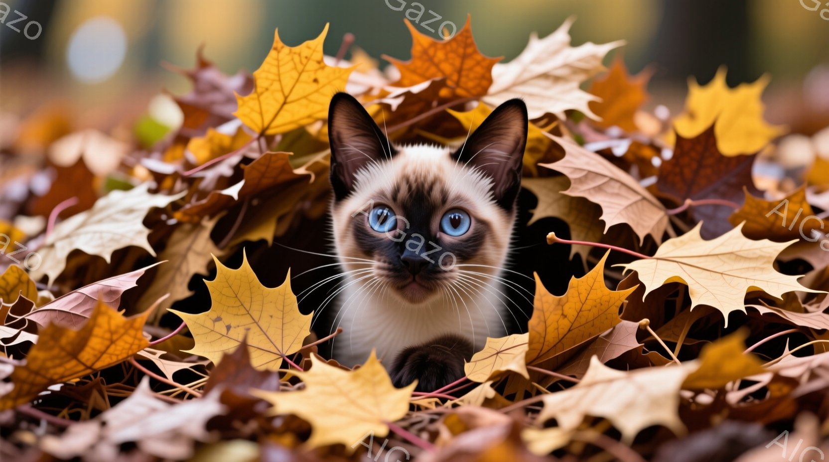 シーマ模様の猫が、色とりどりの紅葉の中に顔を隠しています。鮮やかなブルーの瞳が印象的で、周囲の茶色やオレンジ色の葉と対照的です。背景はぼやけており、秋の穏やかな雰囲気が漂っています。