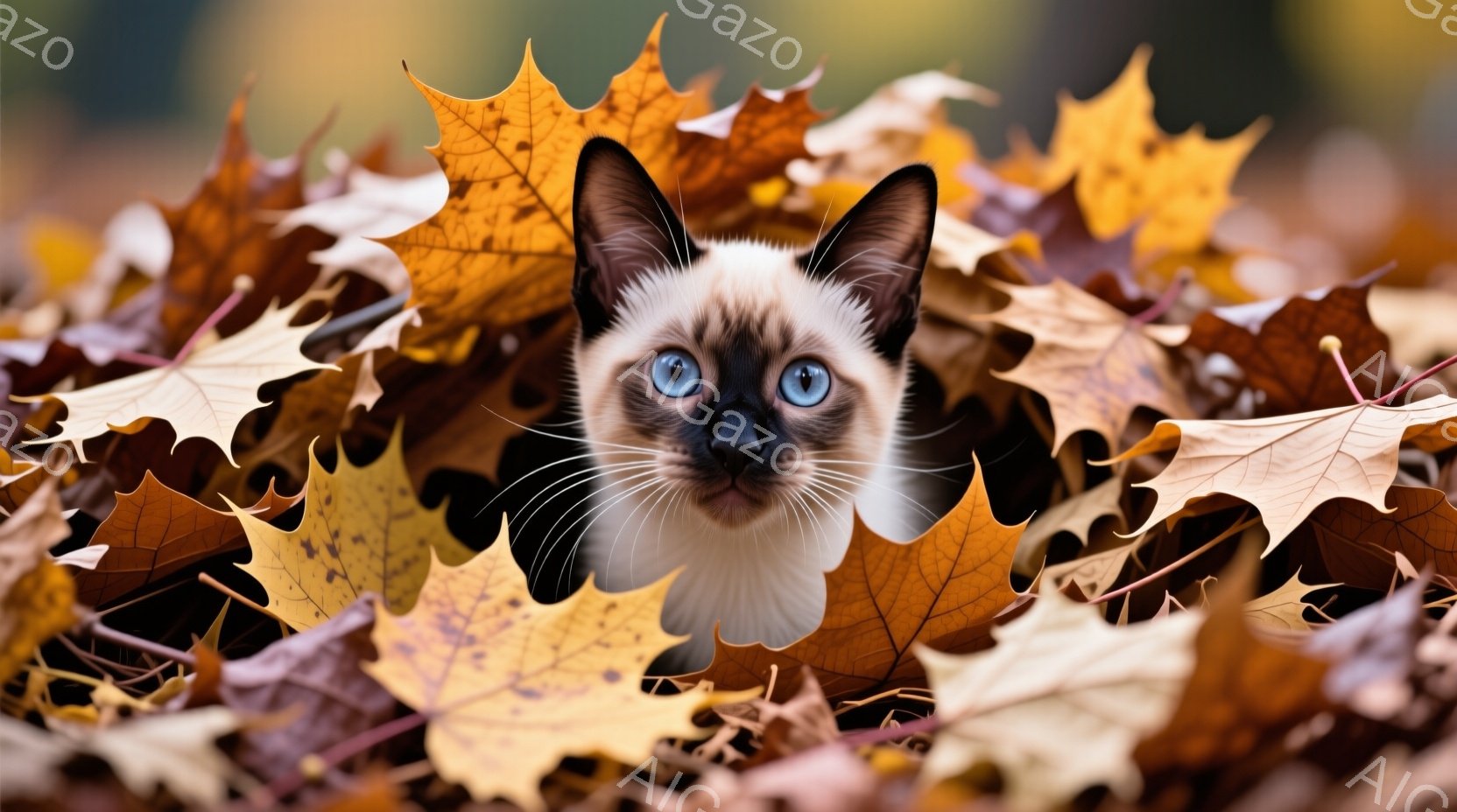 シーマ模様の猫が、色とりどりの紅葉の中に顔を覗かせています。澄んだ青い瞳が印象的で、まるで秋の葉っぱに隠れているかのような可愛らしい姿をしています。背景はぼやけており、猫に焦点が当たっているため、温かみのある秋の雰囲気が漂います。