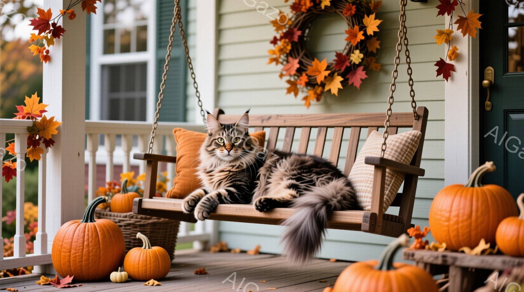 長い毛並みの縞模様の猫が、オレンジとグレーのクッションが置かれた庭のブランコで優雅にくつろいでいます。背景には、カボチャが並び、秋らしいリースが飾られた木造の家があり、紅葉の葉が散りばめられて穏やかな秋の雰囲気を醸し出しています。全体的に暖かく、居心地の良い、秋の日の穏やかな情景が表現されています。
