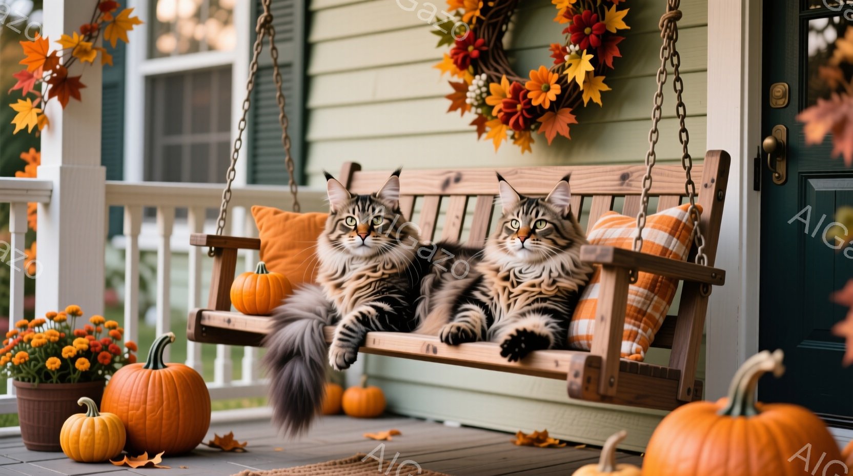 縞模様の猫が2匹、家のベランダに吊るされた椅子に並んで座っています。猫たちはリラックスした様子で、オレンジと白のクッションに寄りかかり、秋らしい背景にはカボチャやオレンジ色の花が置かれ、全体的に温かく - AI生成フリー素材