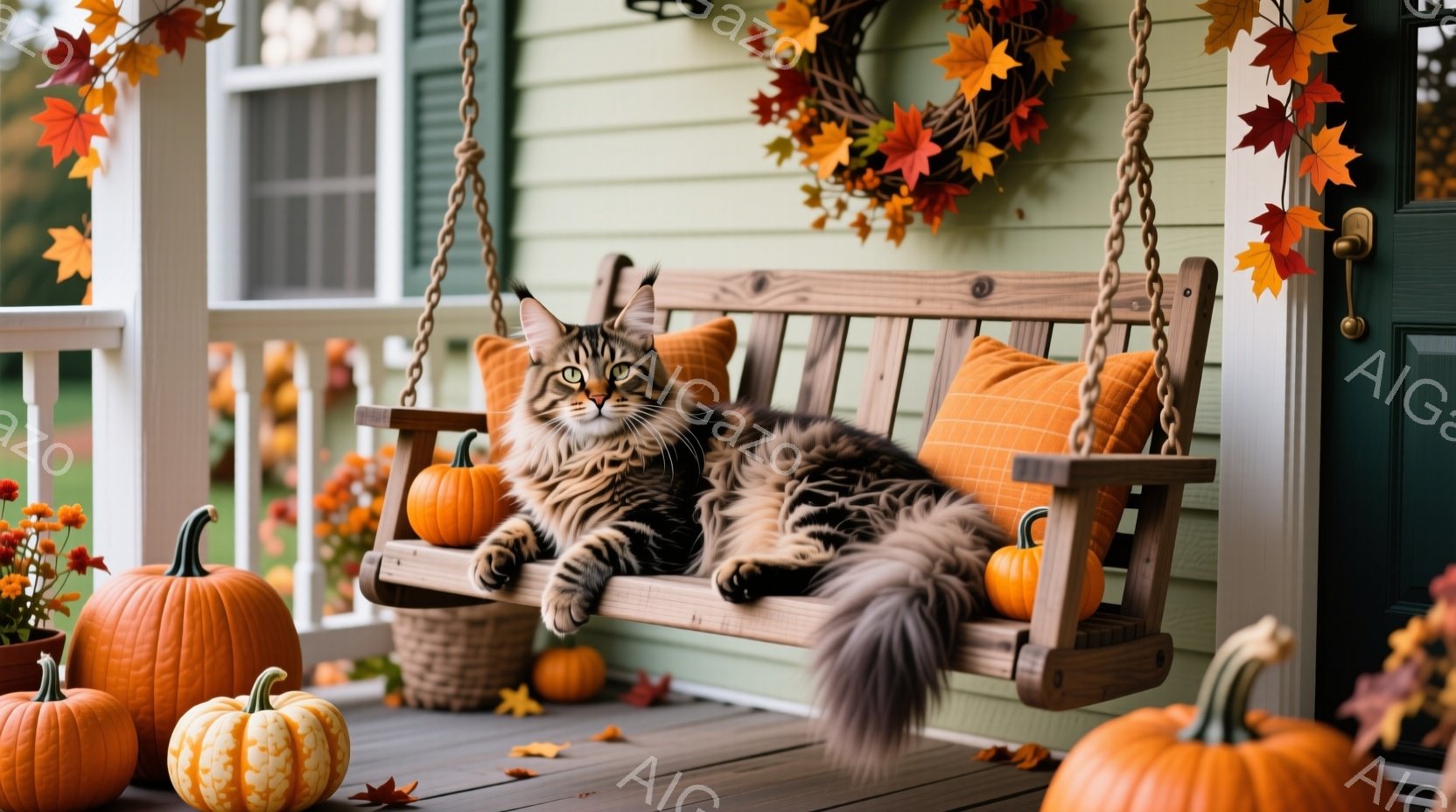 長い毛並みの茶トラ猫が、緑色の背景の家のベランダに吊るされたスイングにゆったりと横たわっています。周りにはオレンジ色のカボチャや、秋を象徴する紅葉が散らばり、背景には秋の装飾が施された玄関ドアが見えます。全体的に、暖かく穏やかな秋の雰囲気を醸し出しています。