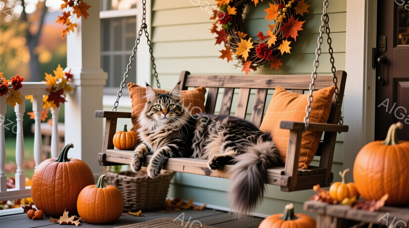 庭のポーチには、秋の装飾が施されたスイングチェアがあり、その上に毛並みの美しい縞模様の猫がゆったりと横たわっています。周囲にはカボチャや飾り付けが散りばめられており、秋の穏やかで温かい雰囲気を醸し出しています。背景には緑色の壁と自然の風景が見え、全体的に心地よい季節感を表現しています。