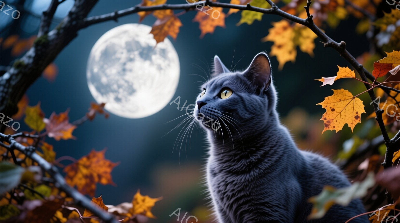 深い灰色の毛並みの猫が、夜空を見上げています。背景には鮮やかなオレンジと黄色の紅葉が枝に付き、満月が輝き、幻想的な雰囲気を醸し出しています。猫の視線は夜空に向けられ、静かで神秘的なムードを表現しています。