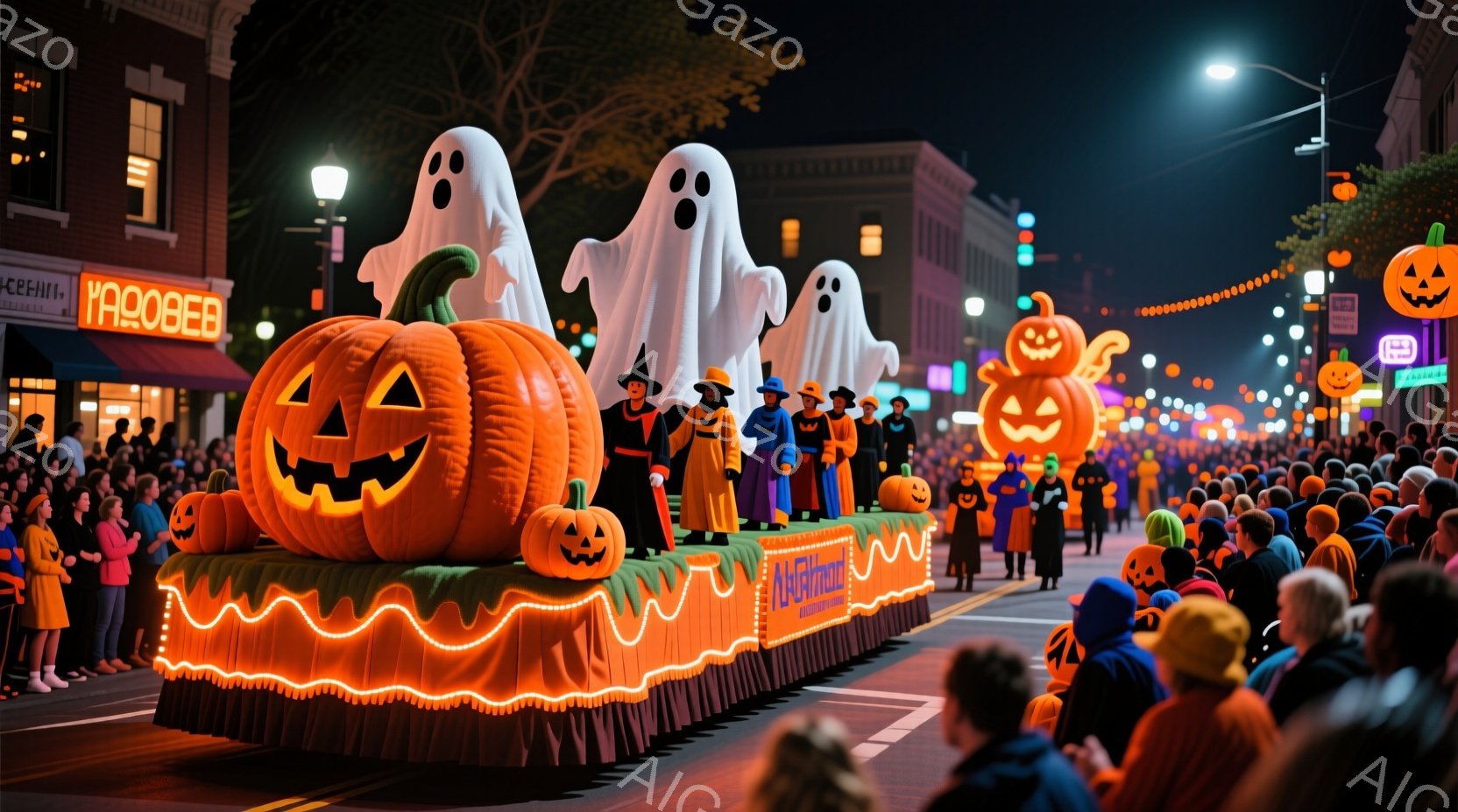 ハロウィーンのパレードが行われている夜の街並みで、巨大なカボチャと幽霊の装飾が施されたフロートが進行している。フロートの上には魔女やその他のハロウィーンのキャラクターに扮した人々が乗り、観客に向かって手を振ったり、ポーズをとったりしている。背景には、古い様式の建物や街灯が並び、多くの観客がハロウィーンの衣装を着てパレードを楽しんでいる活気ある雰囲気である。