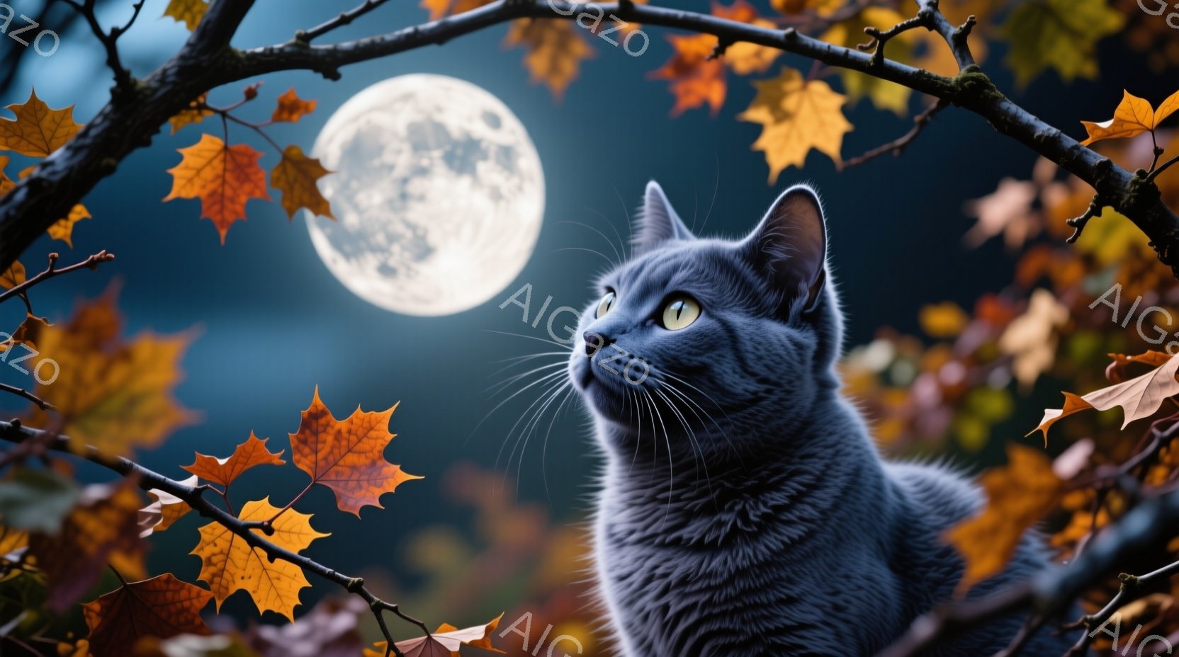 灰色がかった毛並みの猫が、木の枝に沿って上を見上げている。背景には、オレンジ色や黄色の紅葉と、明るい満月が夜空に浮かんでいる。全体的に、秋の静かで幻想的な雰囲気が漂っている。