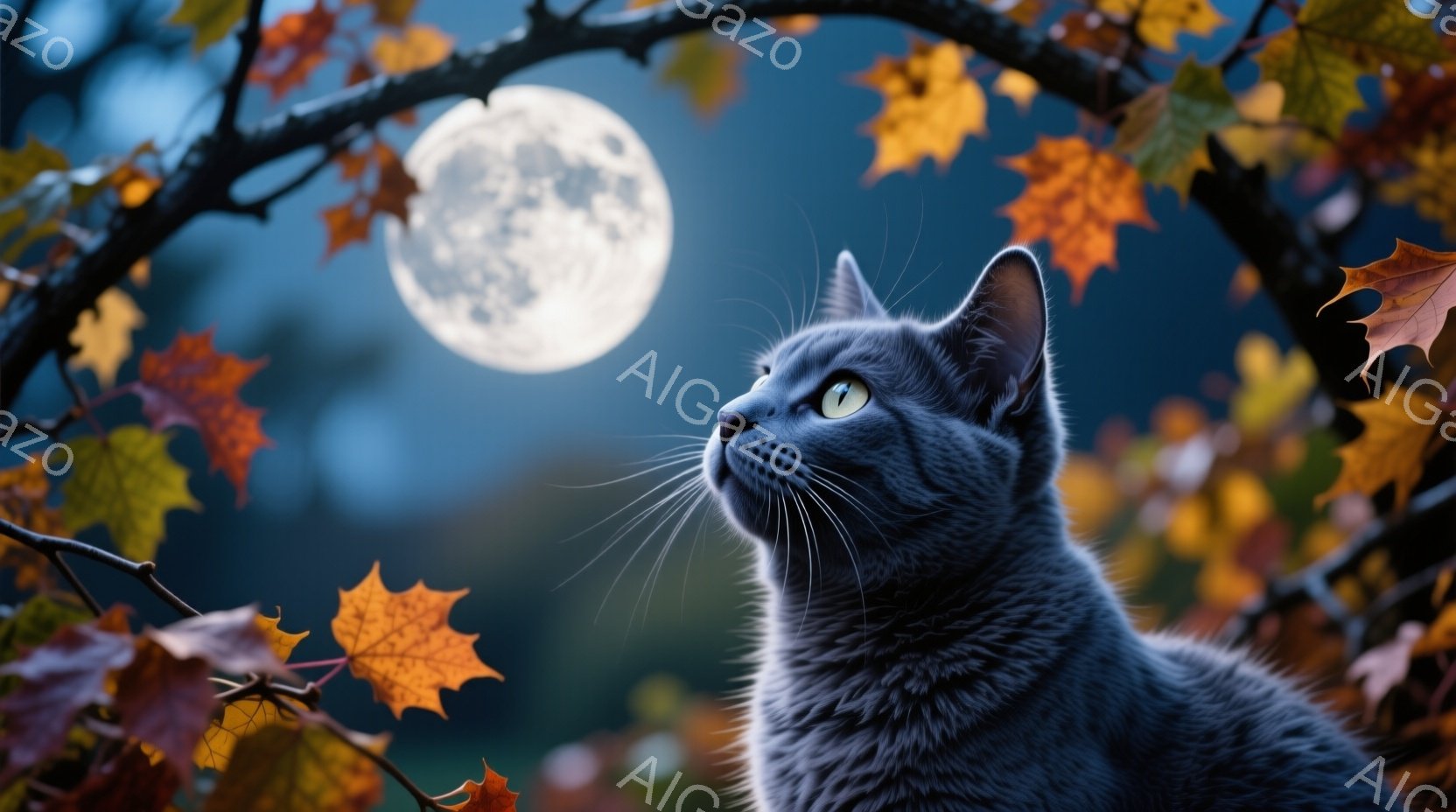 灰色の縞模様の猫が、夜空を見上げている様子が描かれている。背景には、鮮やかな赤やオレンジ色の紅葉が枝を覆い、満月が輝いている。全体的に幻想的で、秋の夜の静けさと猫の神秘的な雰囲気が漂っている。 - AI生成フリー素材