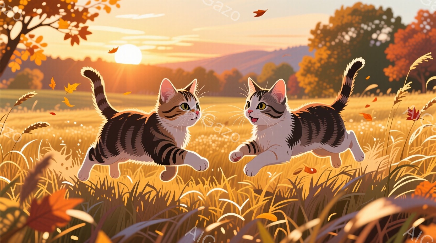 縞模様の猫が二匹、背中を丸めて草原の中を駆け抜けている。背景には夕焼け空と遠くの山々が広がり、落ち葉が舞っている様子から秋の穏やかな雰囲気が伝わってくる。猫たちは楽しそうに走り、明るい表情で互いを見つ - AI生成フリー素材