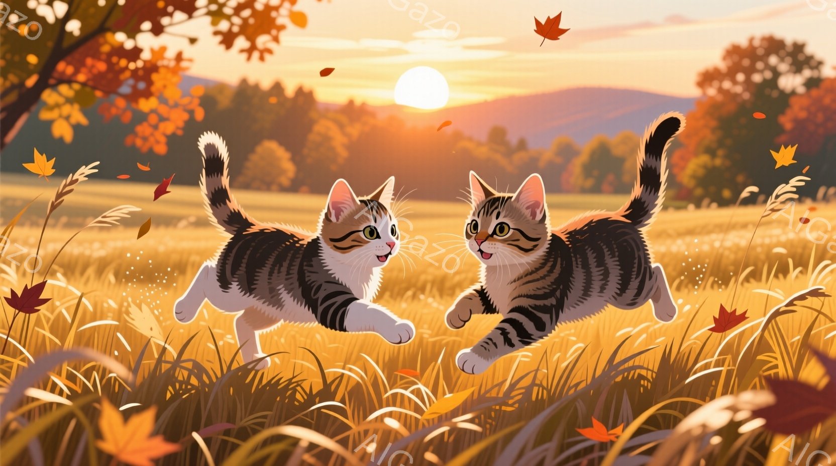 明るい黄金色の草原を、縞模様の猫が二匹、お互いを見つめ合いながら駆け抜けている。背景には、夕焼けに照らされた丘陵地帯が広がり、舞い散る紅葉が秋の訪れを感じさせる。全体的に暖かく、活気に満ちた、遊び心溢 - AI生成フリー素材