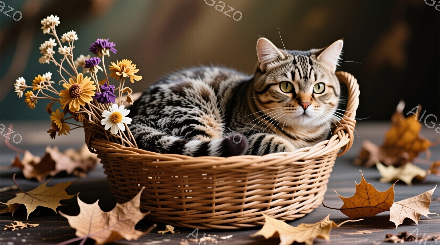 籠の中に縞模様の猫が丸まって座っており、穏やかな表情でこちらを見ている。籠の横には、枯れた黄色や茶色の葉が散らばり、秋の訪れを感じさせる。背景はぼかされており、暖かく落ち着いた雰囲気が漂っている。 - AI生成フリー素材